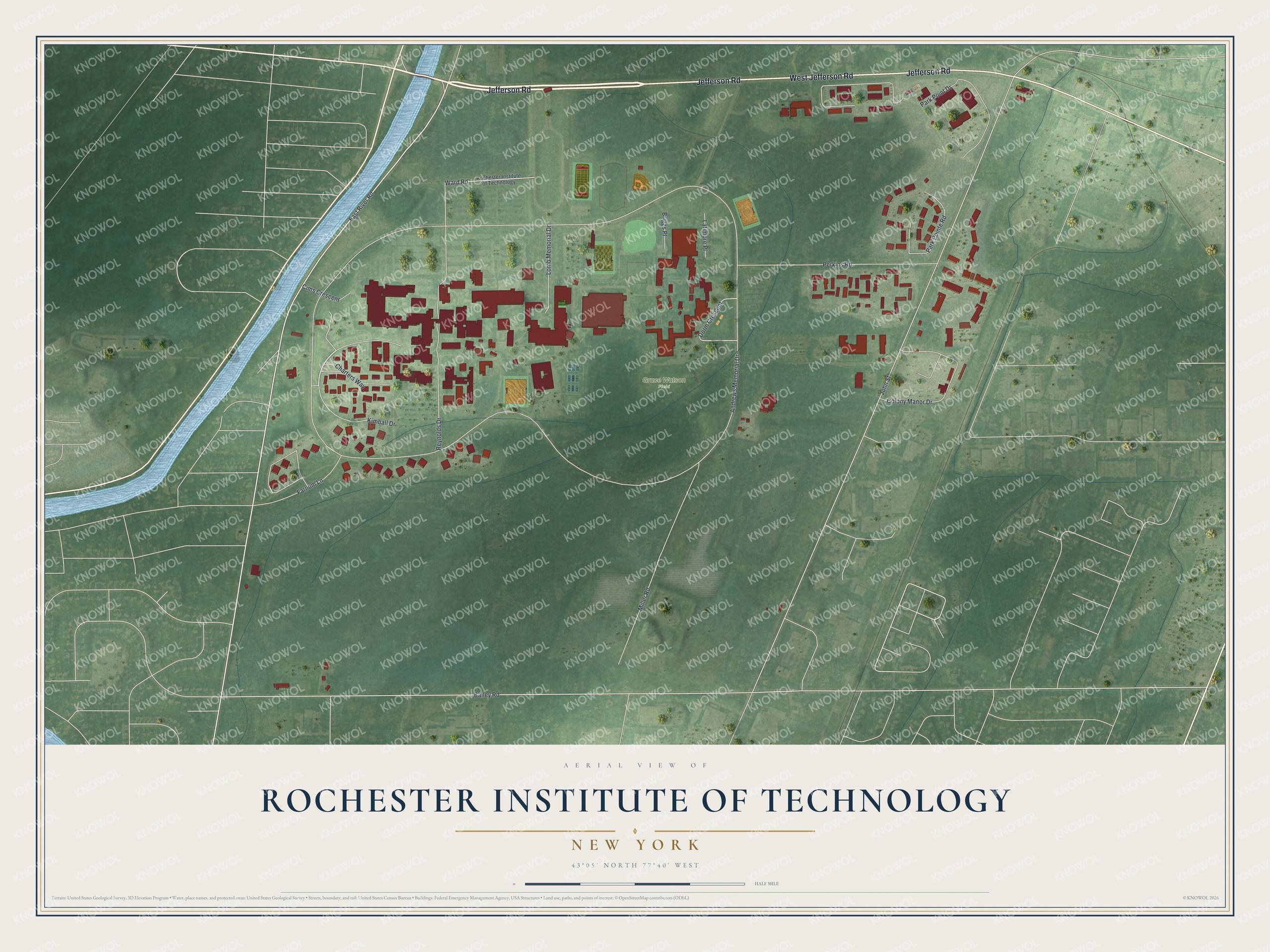 Detailed map of Rochester Institute of Technology, New York, showing streets and buildings