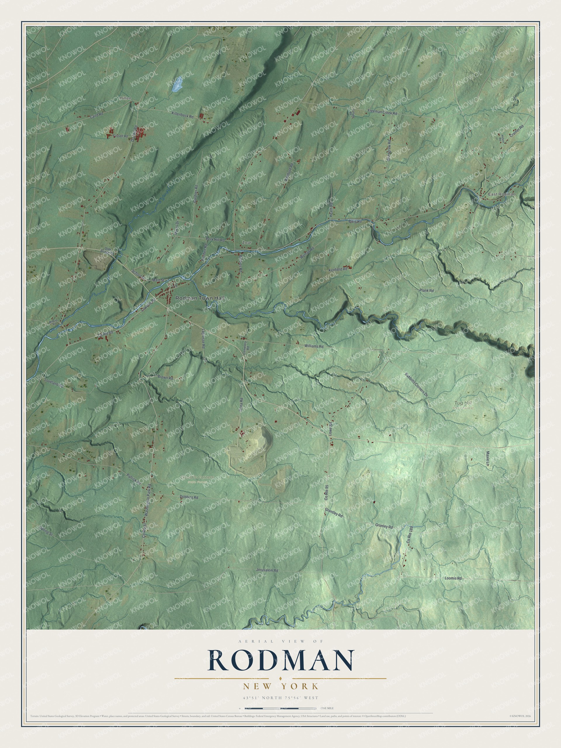 Detailed map of Rodman, New York, showing streets, buildings, neighborhoods, and parks