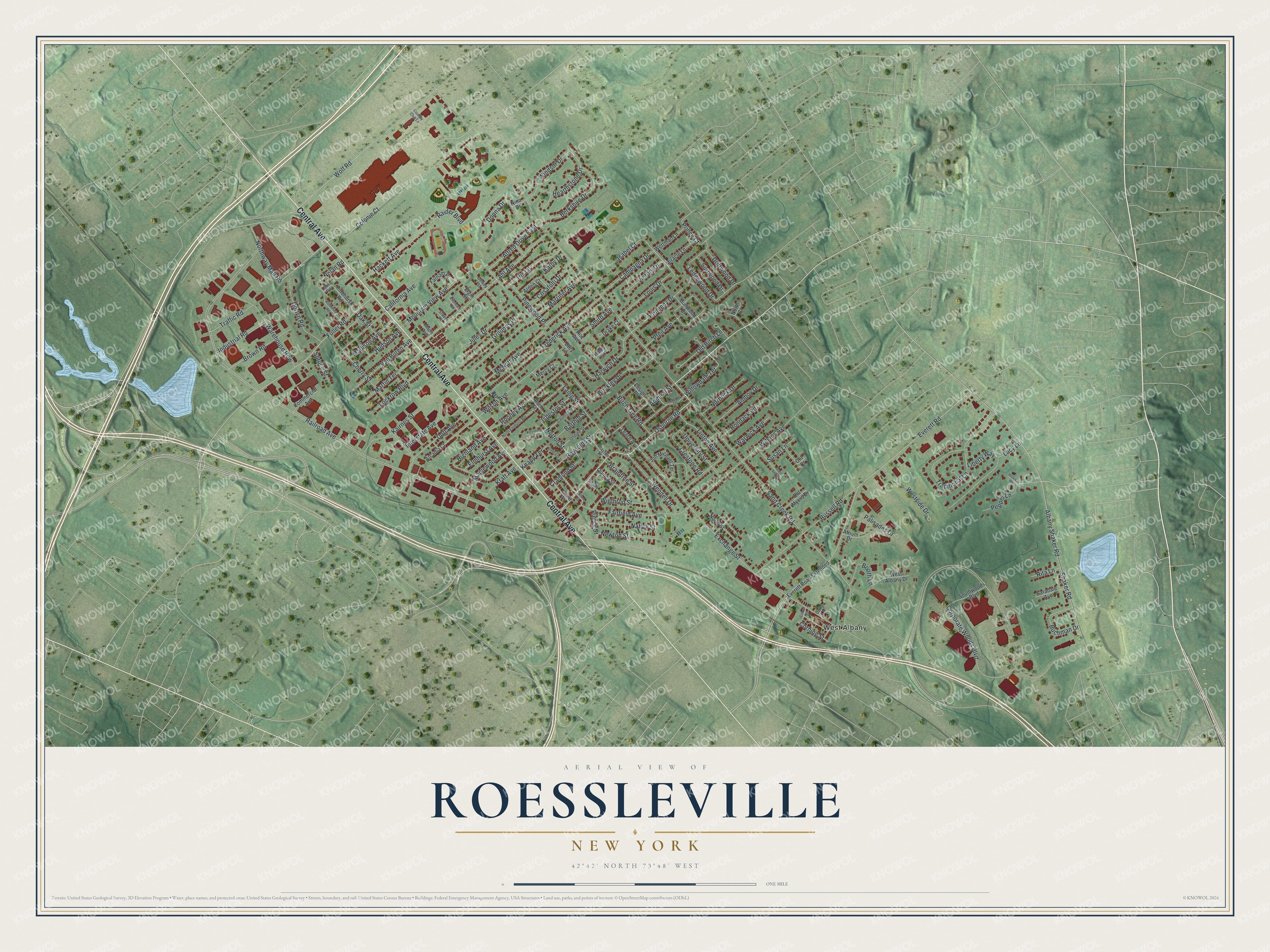 Detailed map of Roessleville, New York, showing streets and buildings