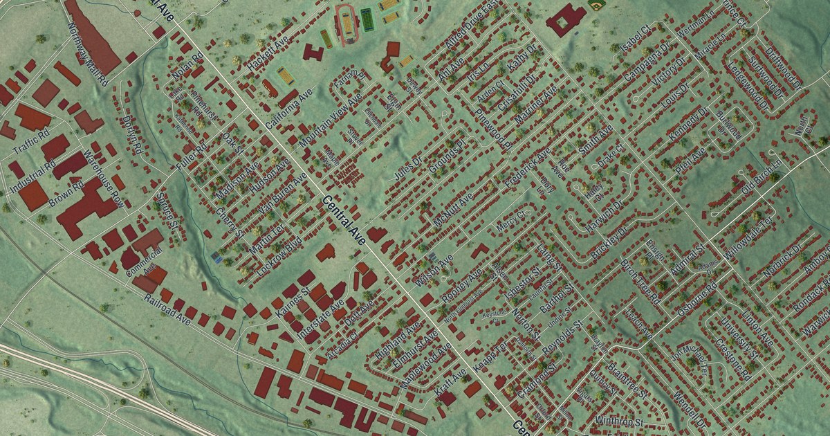 Close-up of streets and buildings in Roessleville, New York