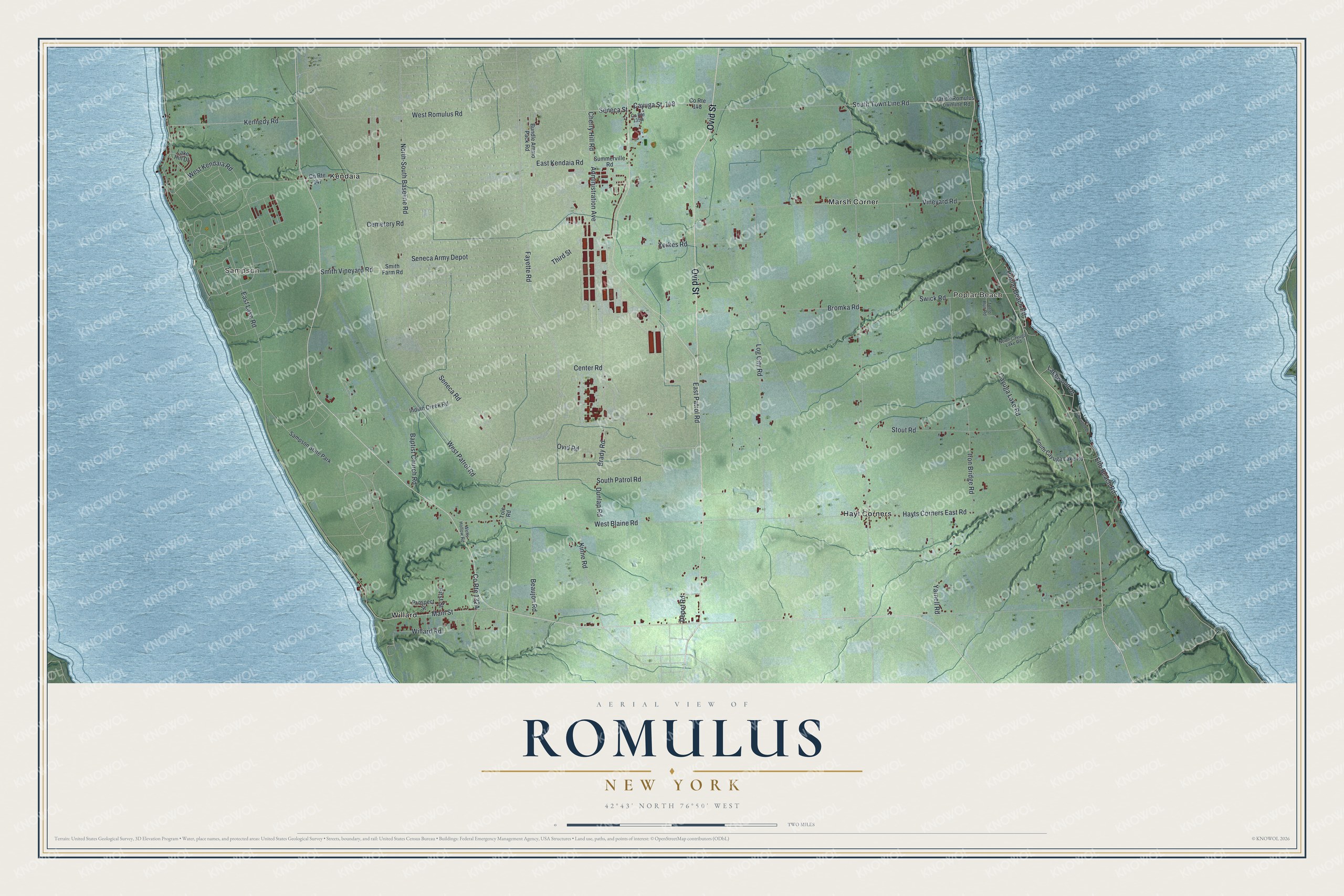 Detailed map of Romulus, New York, showing streets, buildings, and neighborhoods