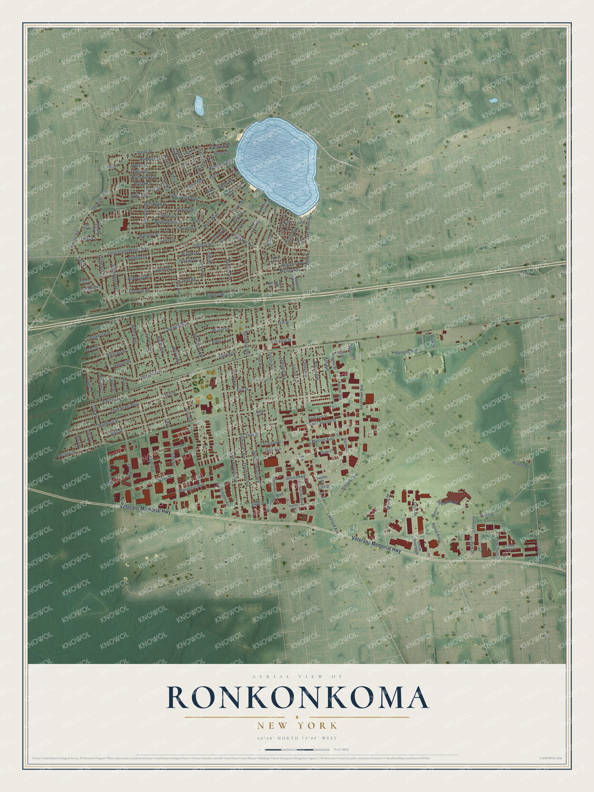Detailed map of Ronkonkoma, New York, showing streets and buildings