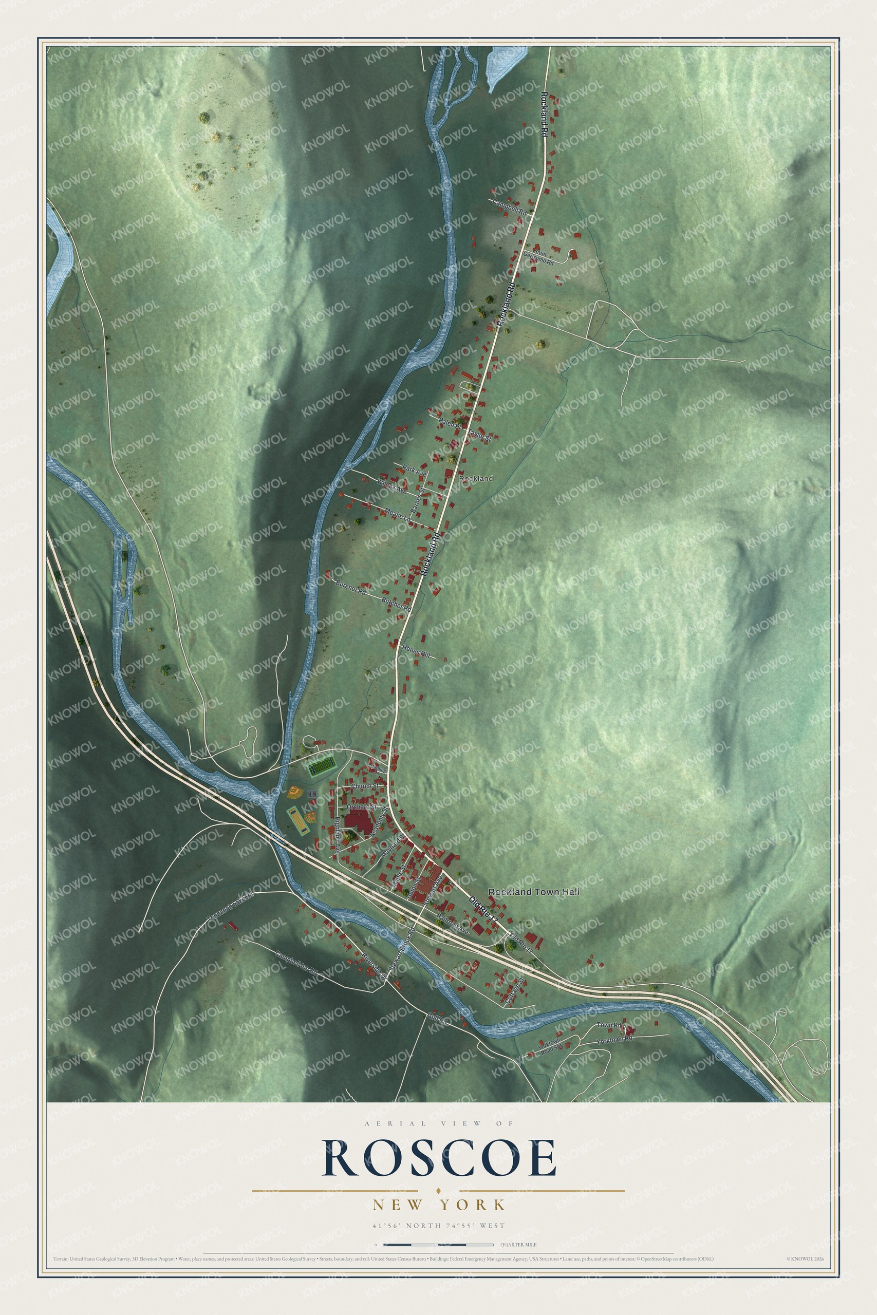 Detailed map of Roscoe, New York, showing streets and buildings