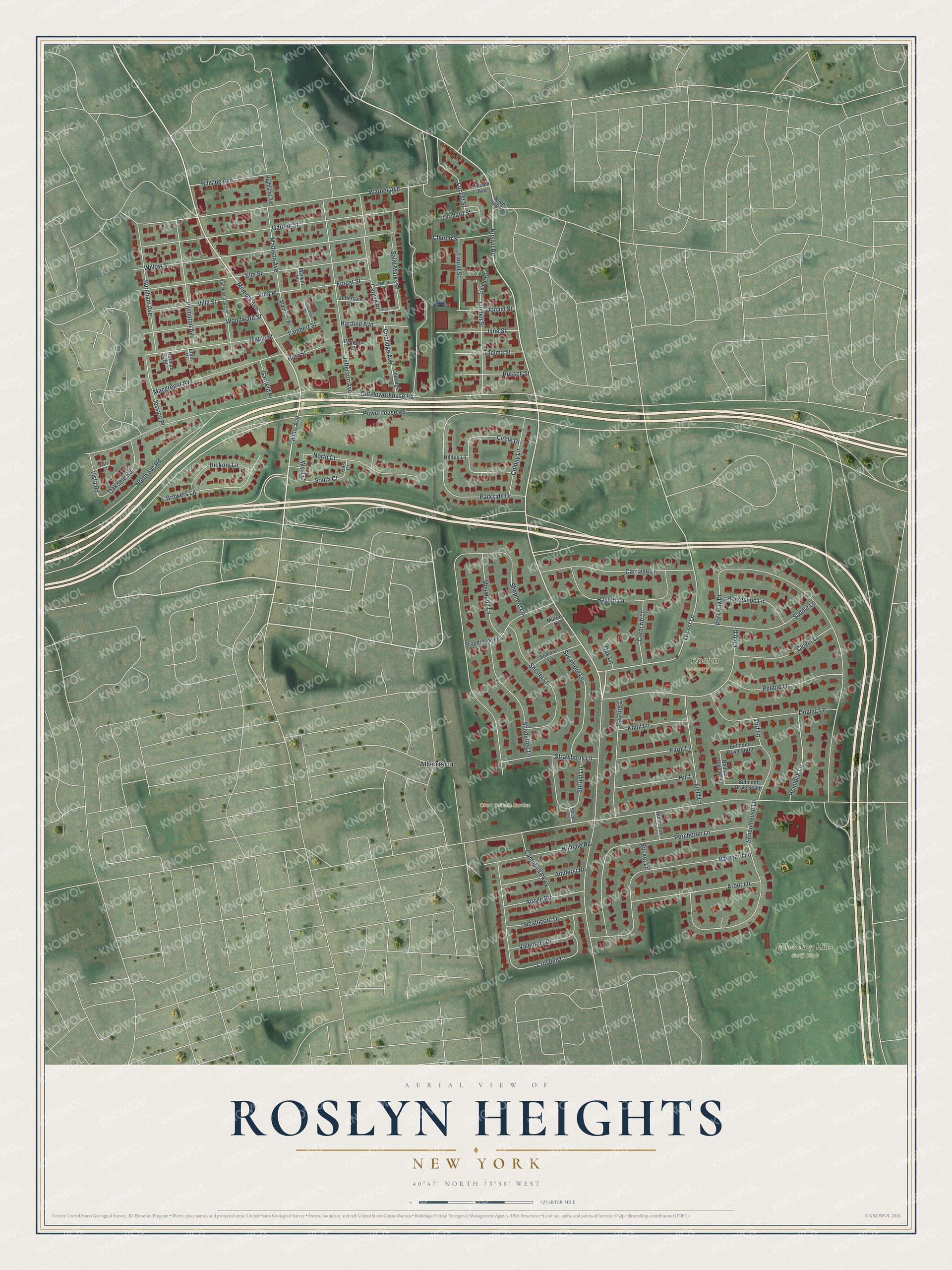 Detailed map of Roslyn Heights, New York, showing streets, buildings, and parks