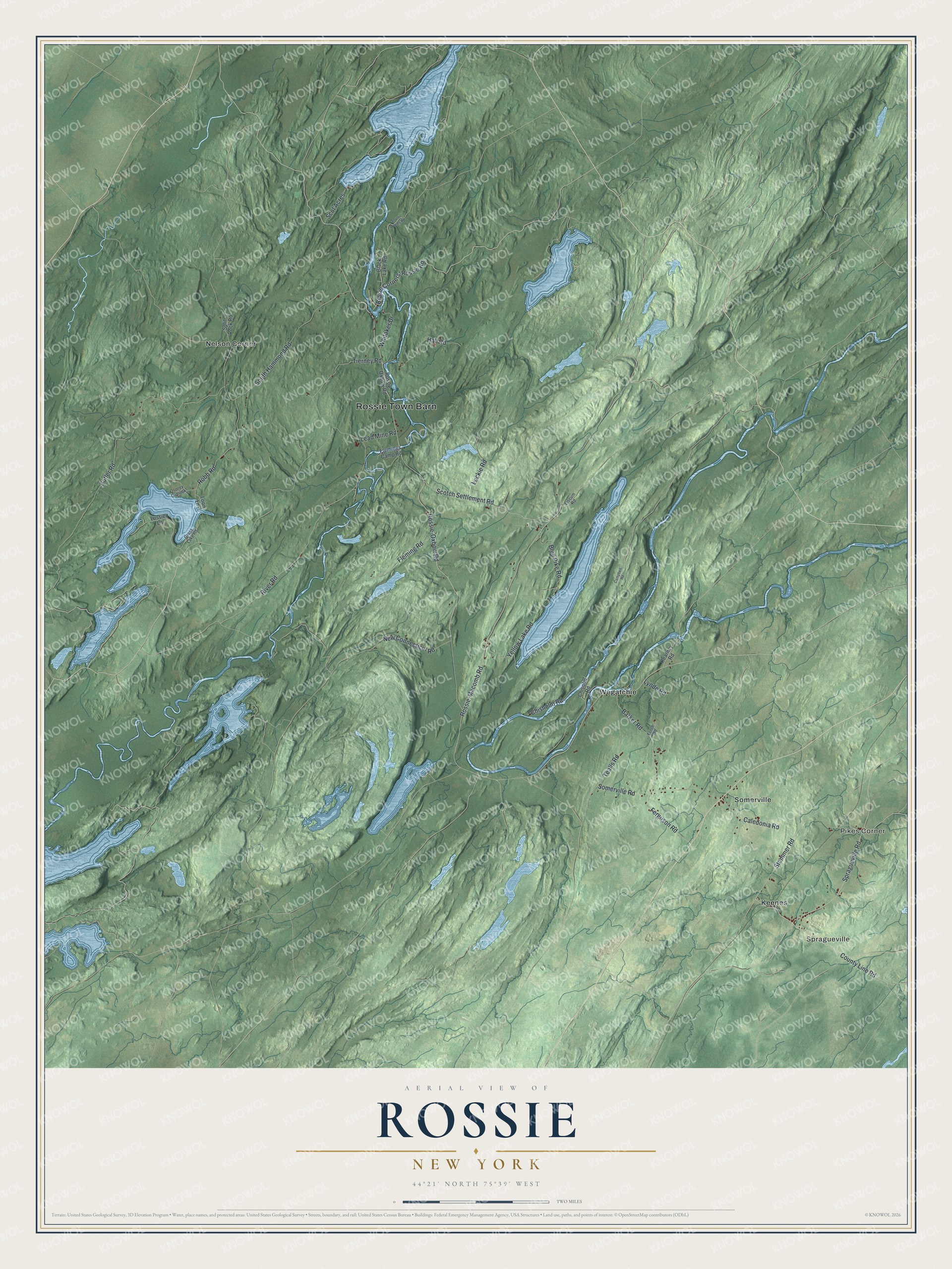 Detailed map of Rossie, New York, showing streets, buildings, and neighborhoods