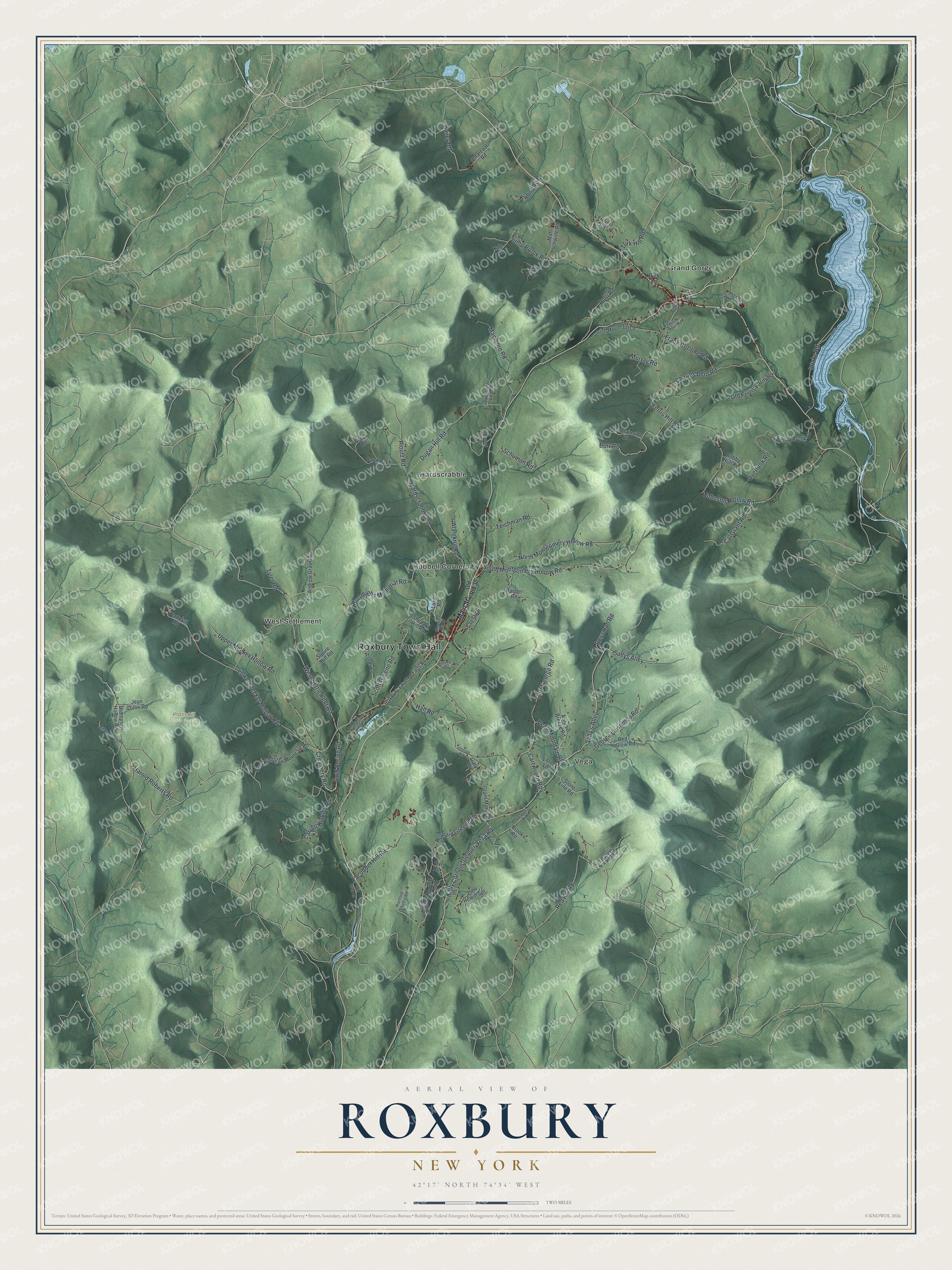 Detailed map of Roxbury, New York, showing streets, buildings, neighborhoods, and parks