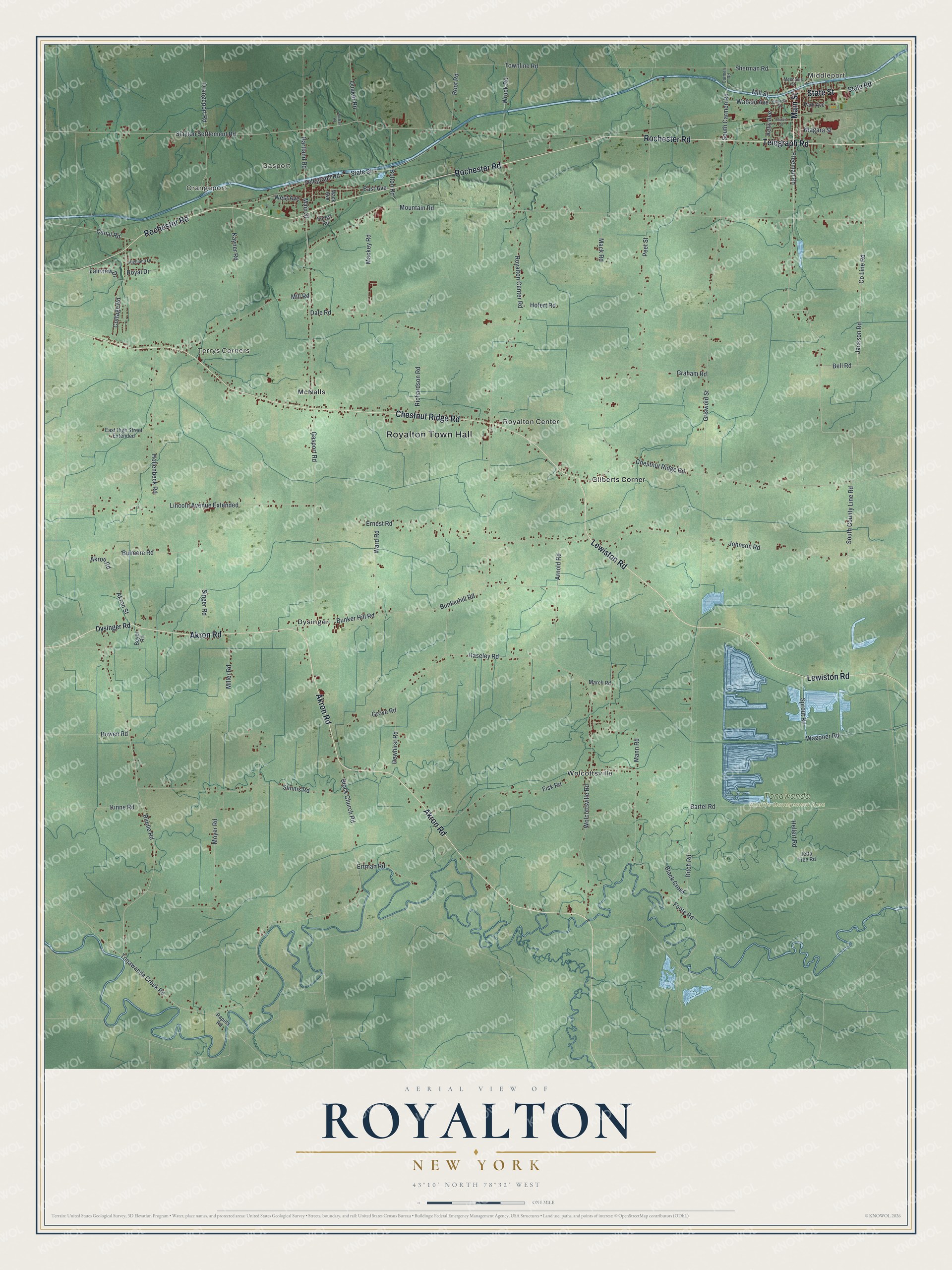 Detailed map of Royalton, New York, showing streets, buildings, neighborhoods, and parks