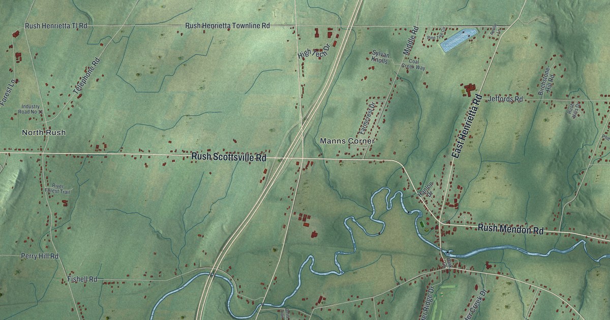 Close-up of streets and buildings in Rush, New York