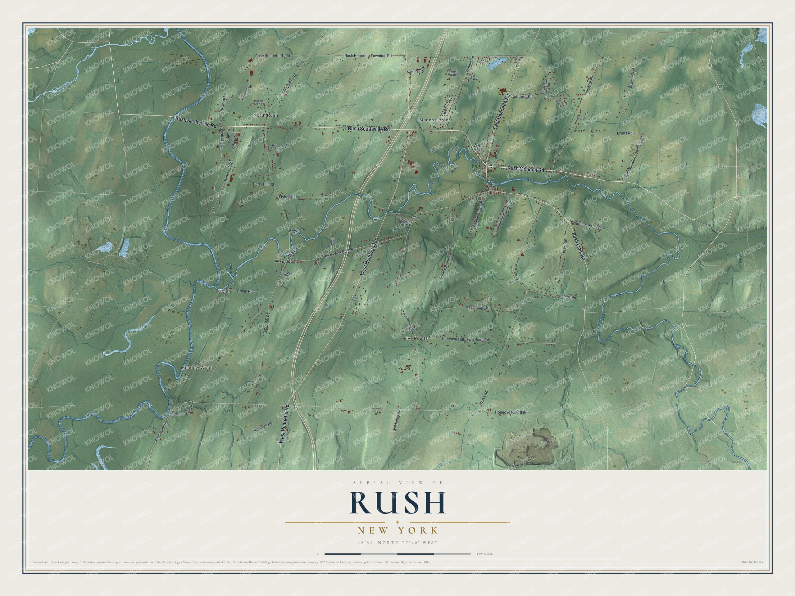 Detailed map of Rush, New York, showing streets, buildings, and neighborhoods