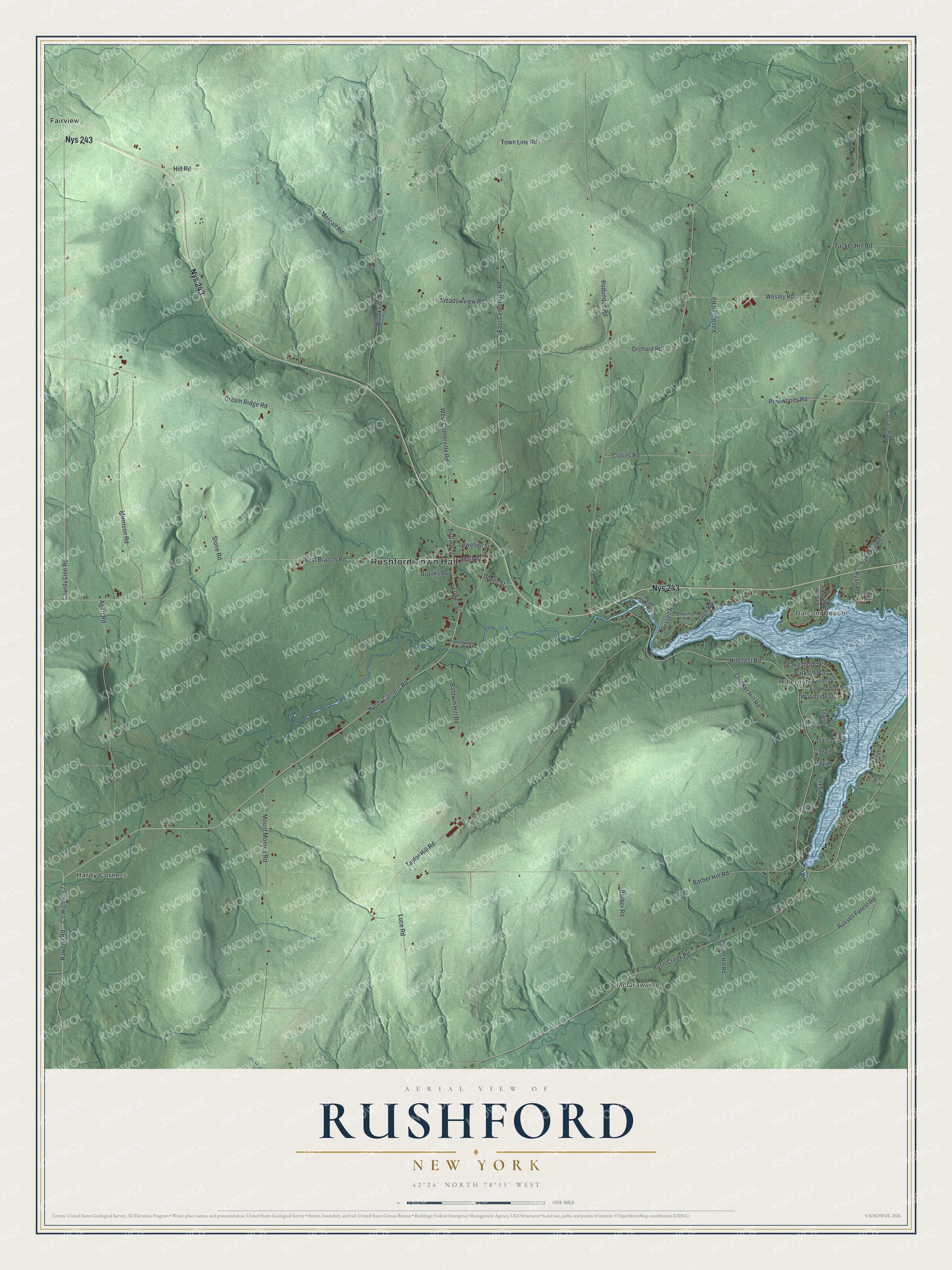 Detailed map of Rushford, New York, showing streets, buildings, and neighborhoods