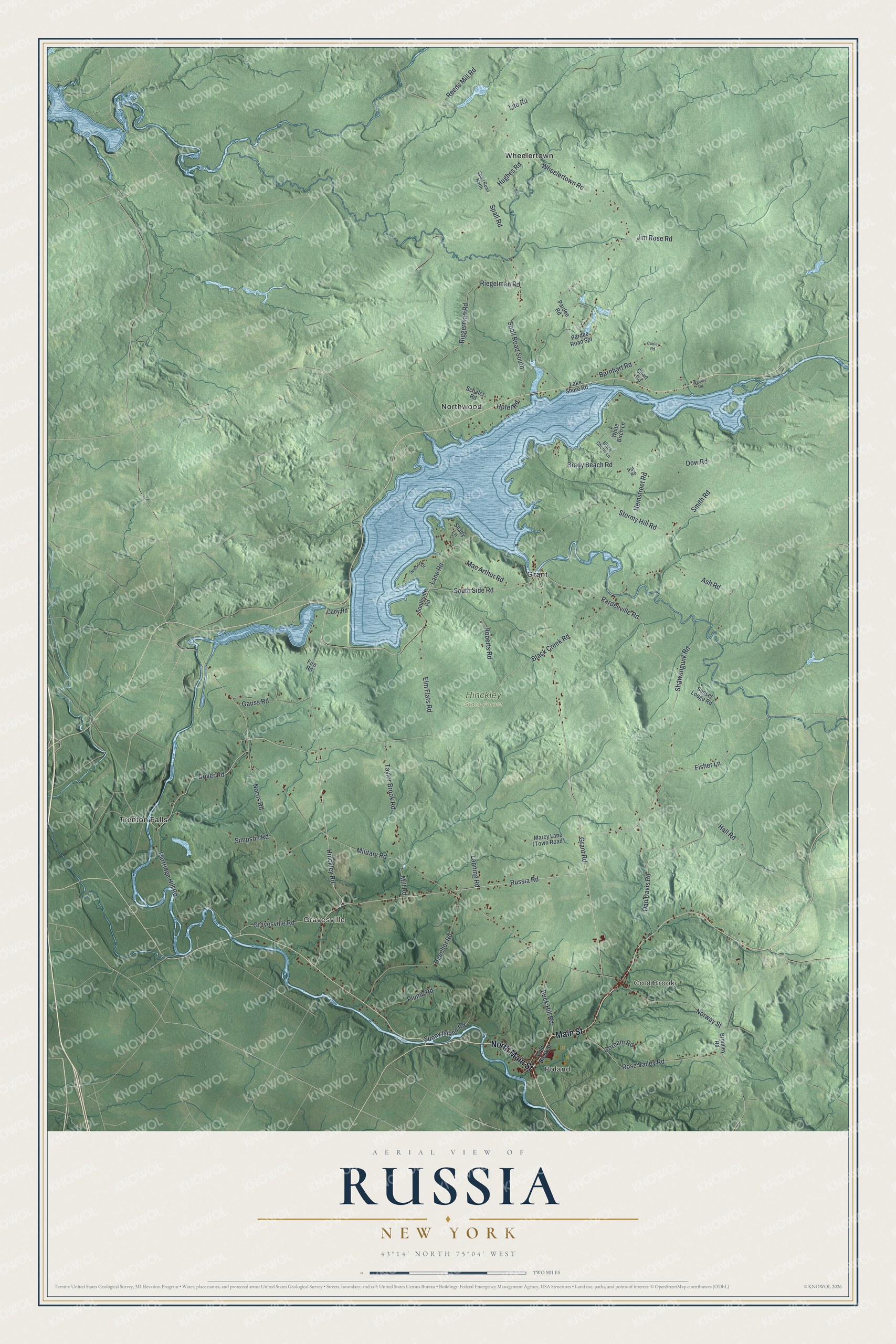 Detailed map of Russia, New York, showing streets, buildings, neighborhoods, and parks