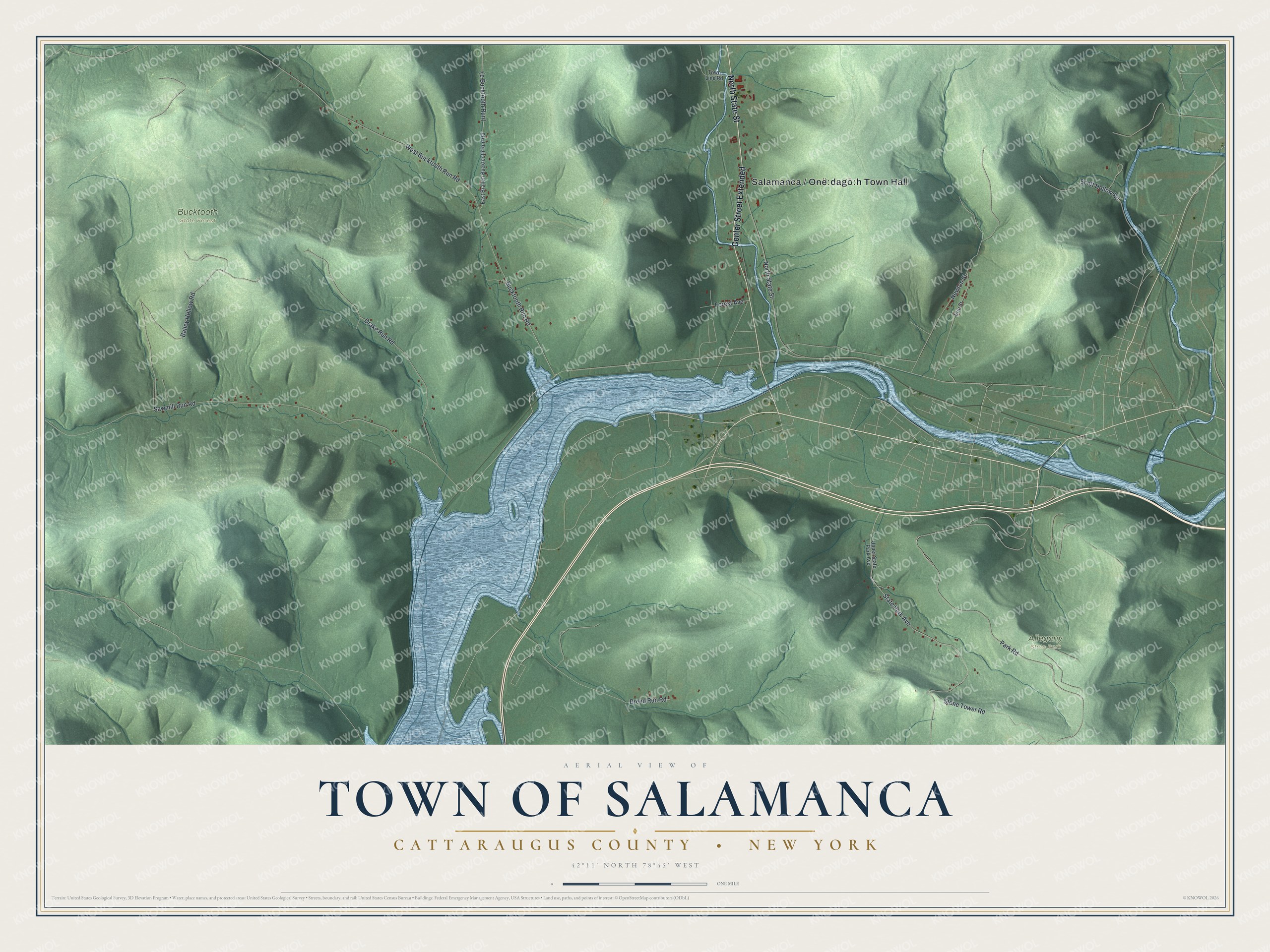 Detailed map of the Town of Salamanca, Cattaraugus County, New York, showing streets, buildings, and parks