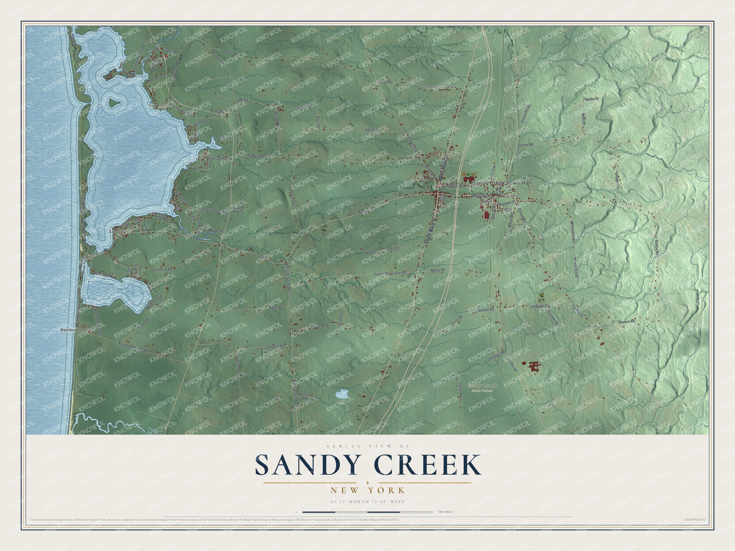Detailed map of Sandy Creek, New York, showing streets, buildings, and neighborhoods