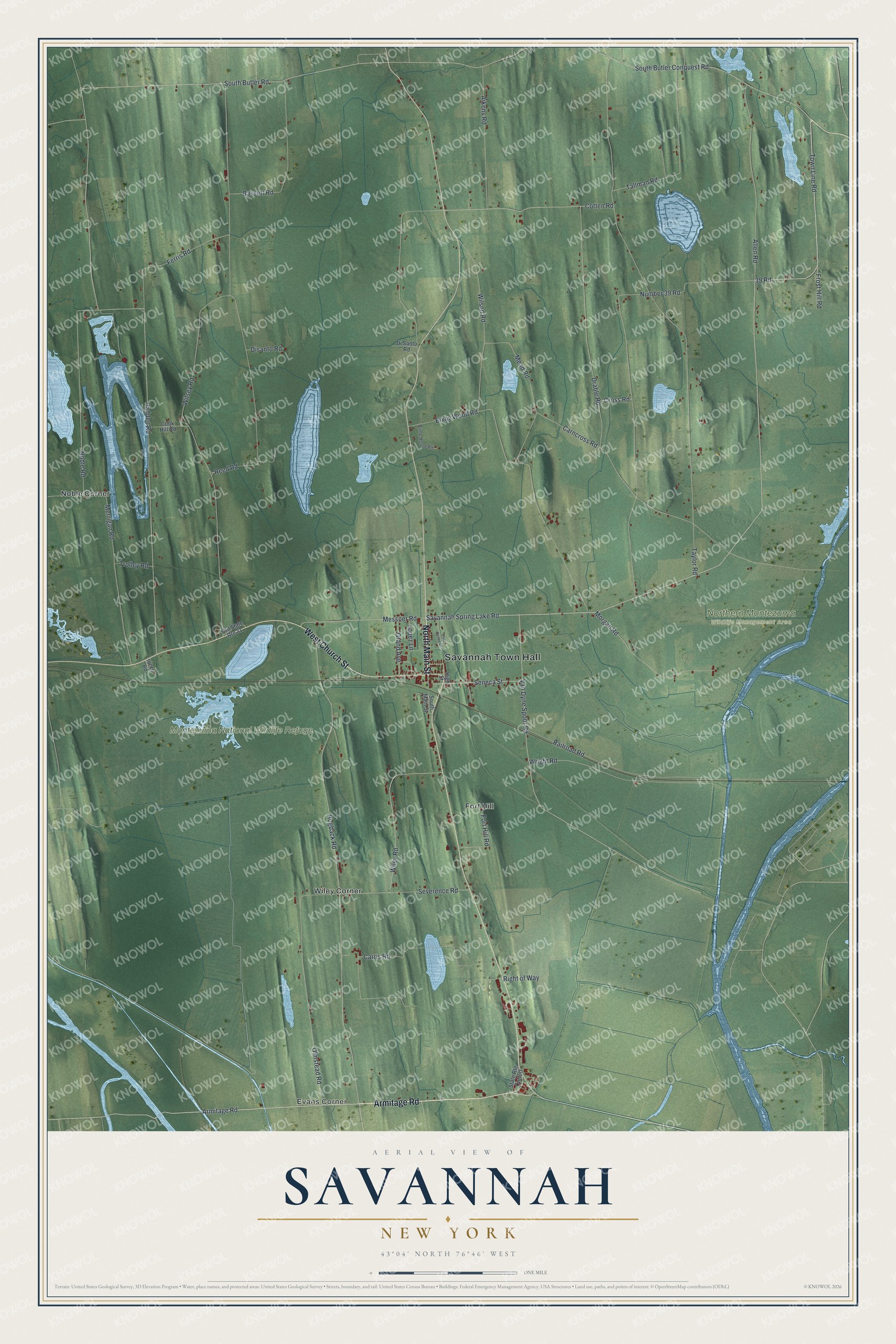 Detailed map of Savannah, New York, showing streets, buildings, neighborhoods, and parks