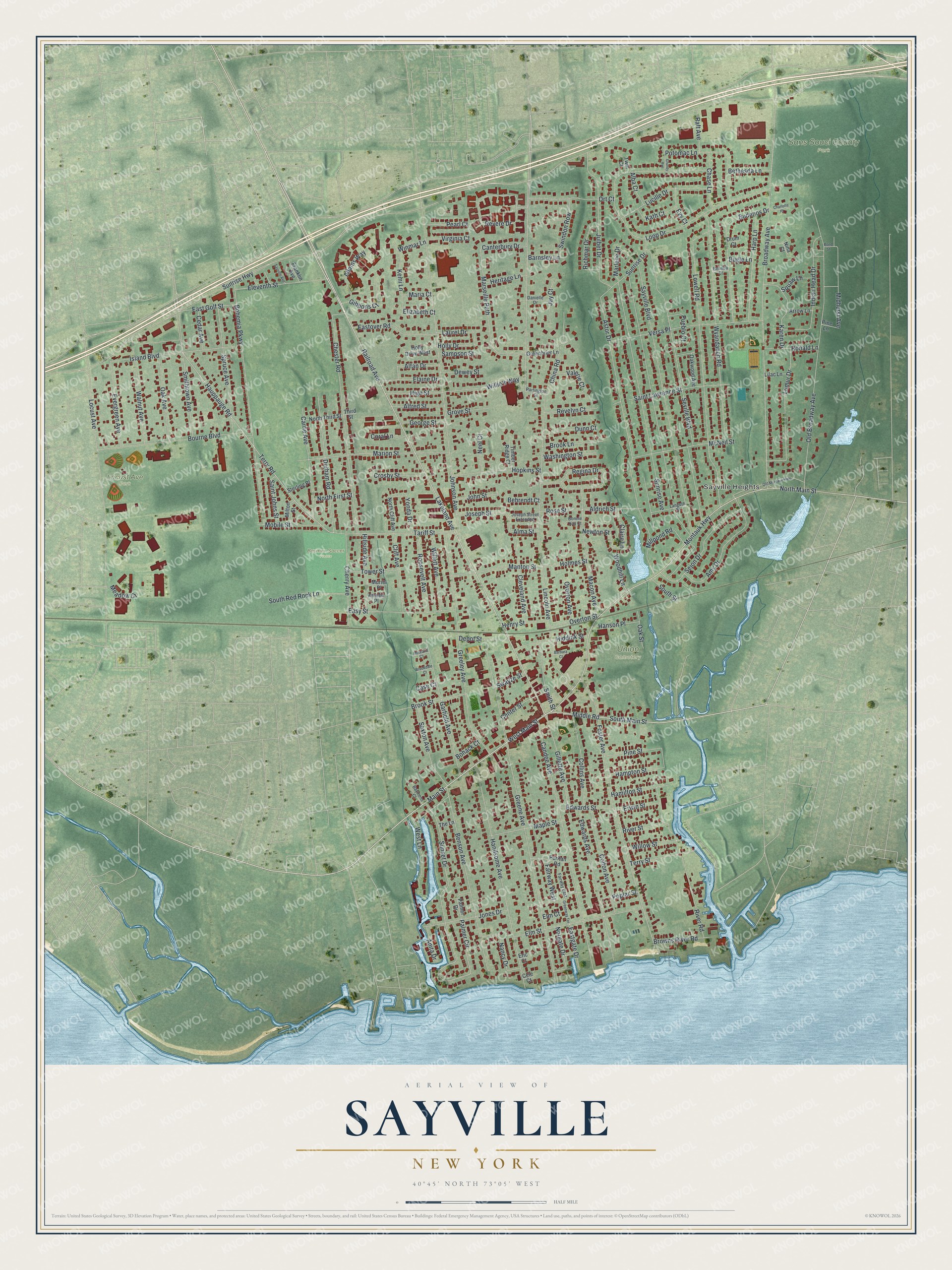 Detailed map of Sayville, New York, showing streets, buildings, and parks