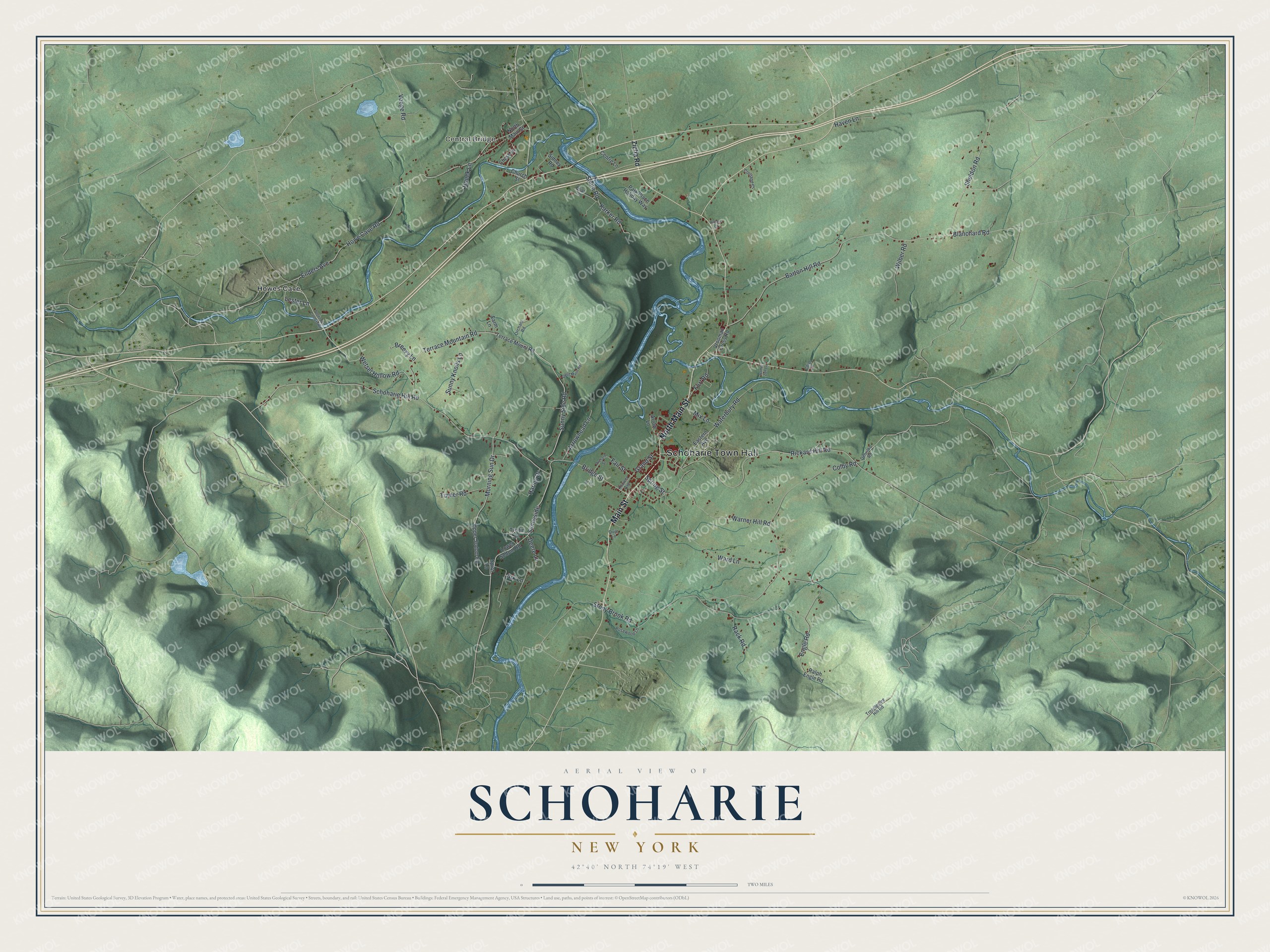 Detailed map of Schoharie, New York, showing streets, buildings, and neighborhoods