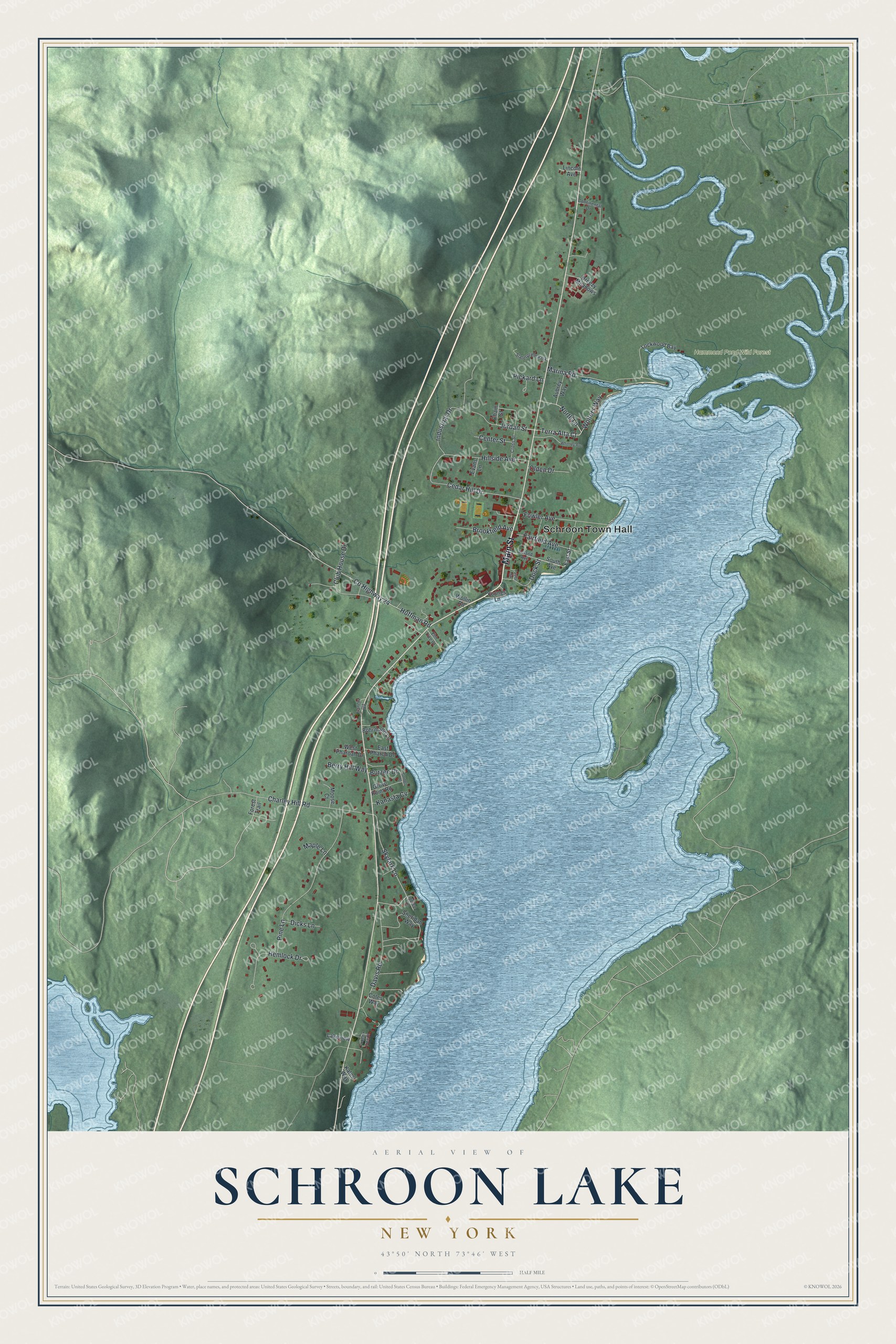 Detailed map of Schroon Lake, New York, showing streets, buildings, and parks