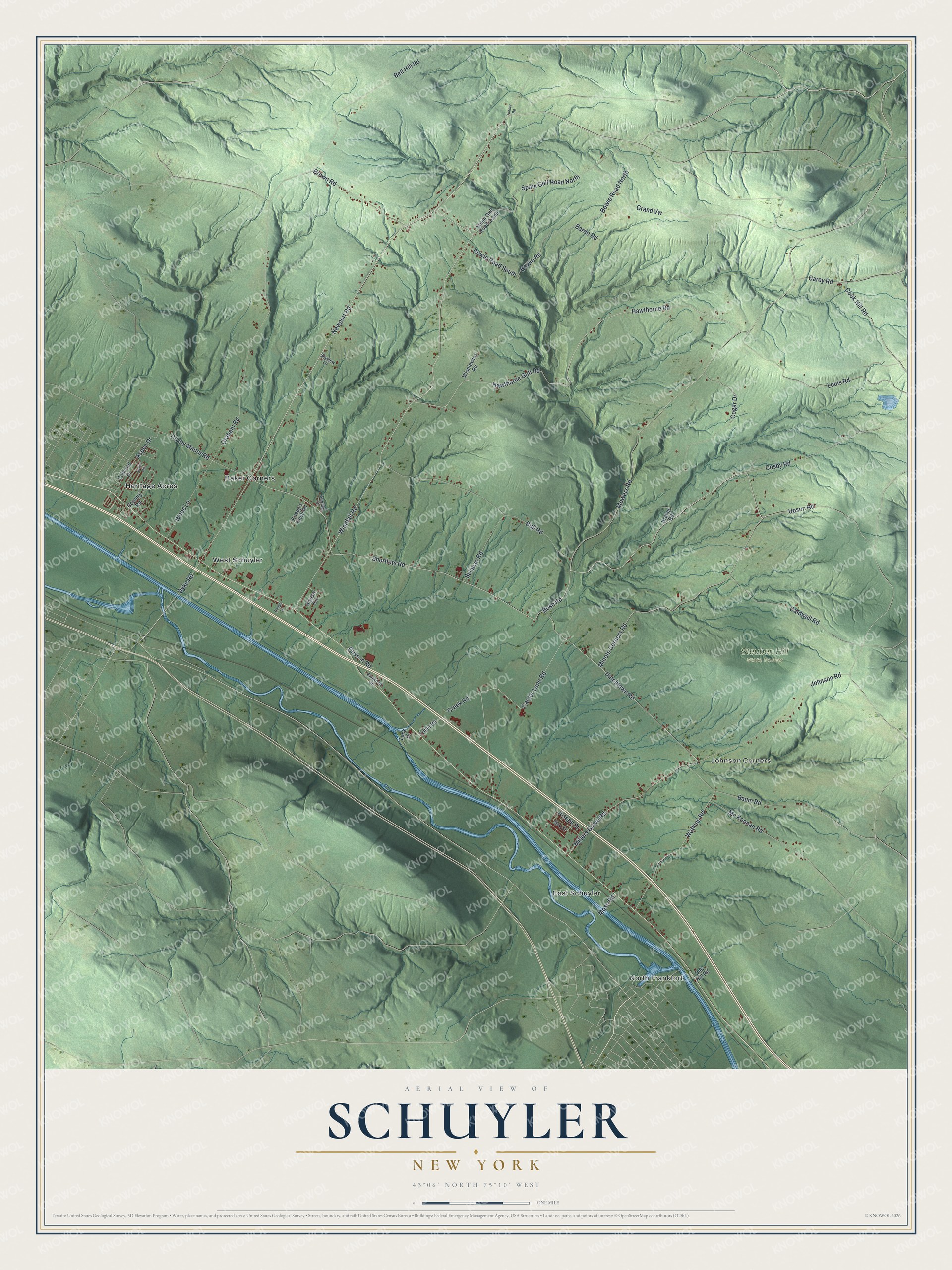 Detailed map of Schuyler, New York, showing streets, buildings, neighborhoods, and parks
