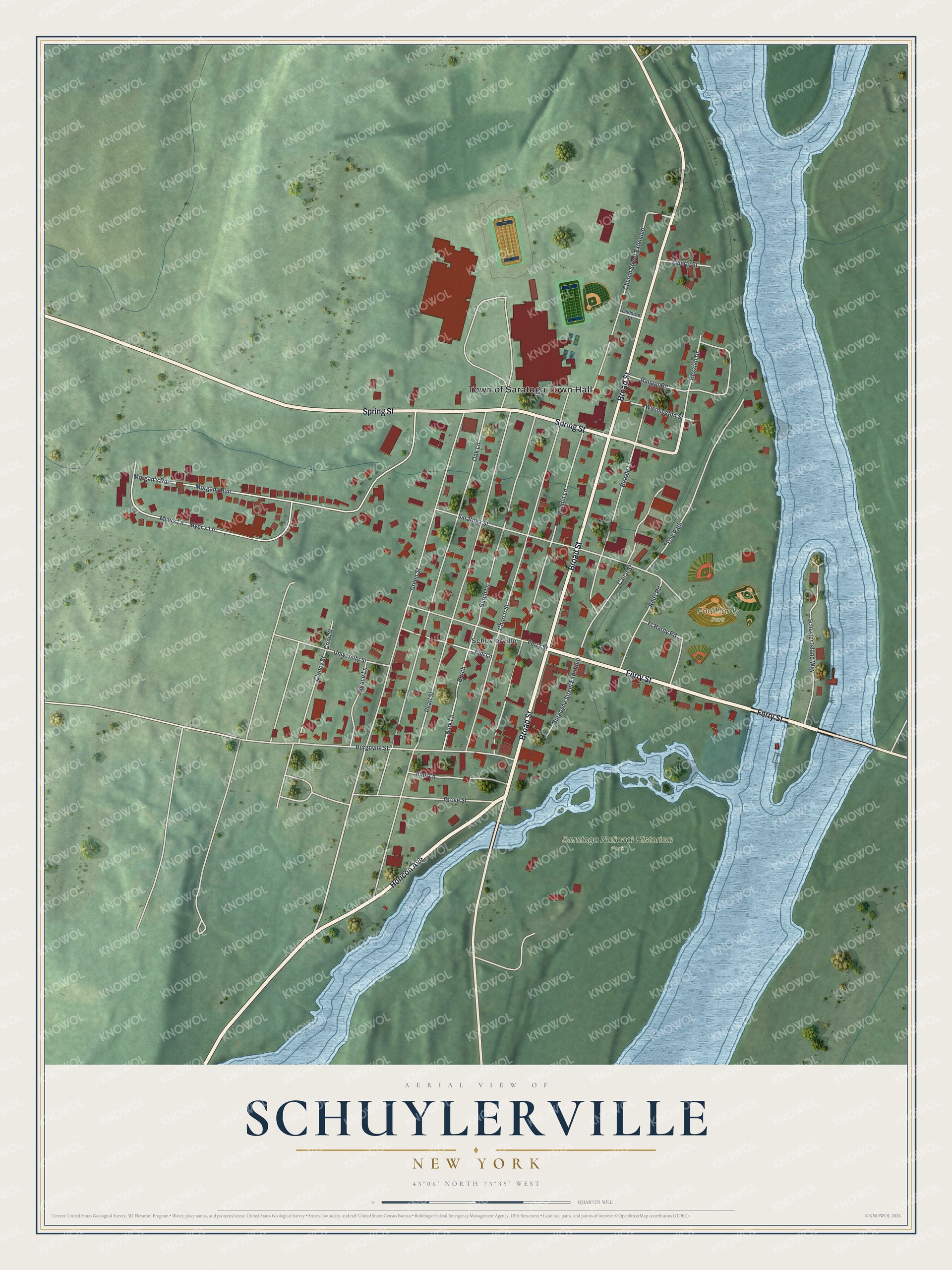 Detailed map of Schuylerville, New York, showing streets, buildings, and parks