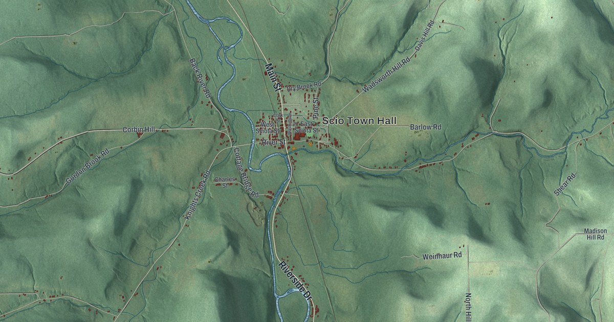 Close-up of streets and buildings in Scio, New York