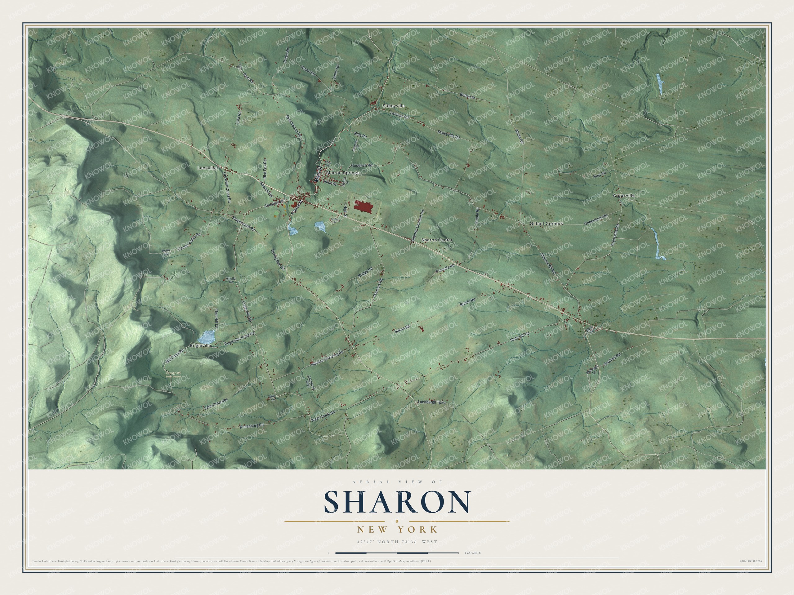 Detailed map of Sharon, New York, showing streets, buildings, neighborhoods, and parks