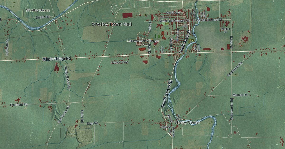 Close-up of streets and buildings in Shelby, New York