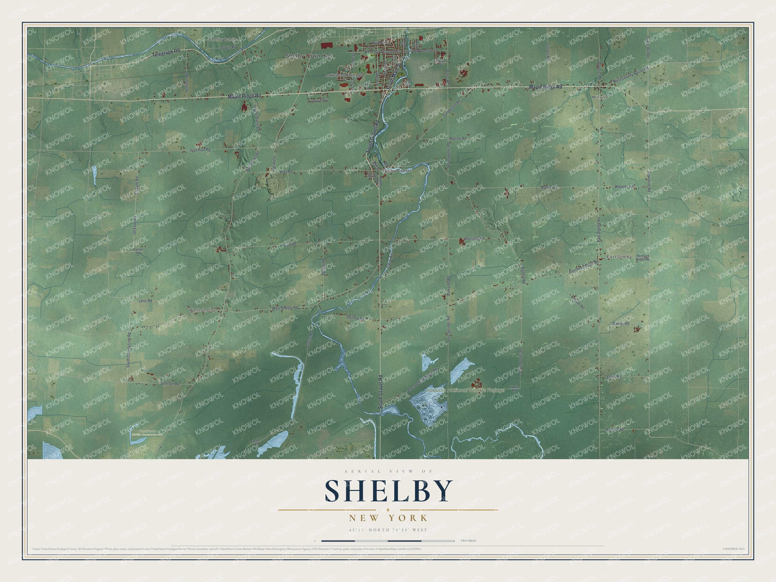 Detailed map of Shelby, New York, showing streets, buildings, neighborhoods, and parks