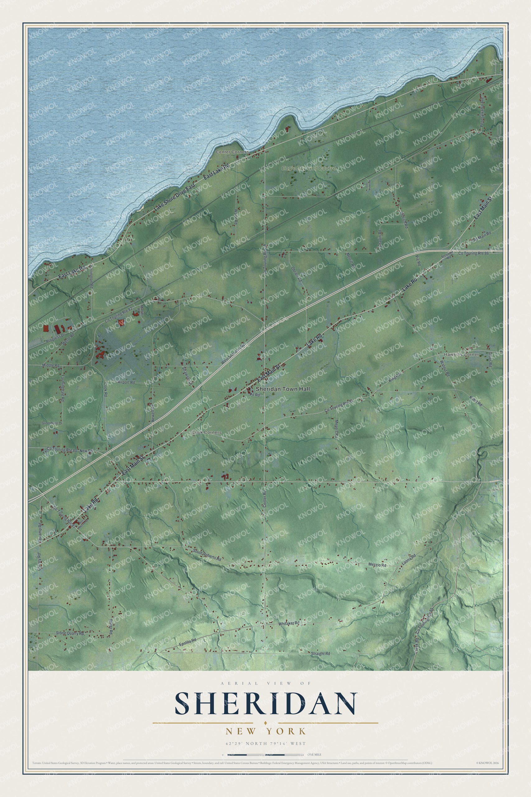 Detailed map of Sheridan, New York, showing streets, buildings, and neighborhoods