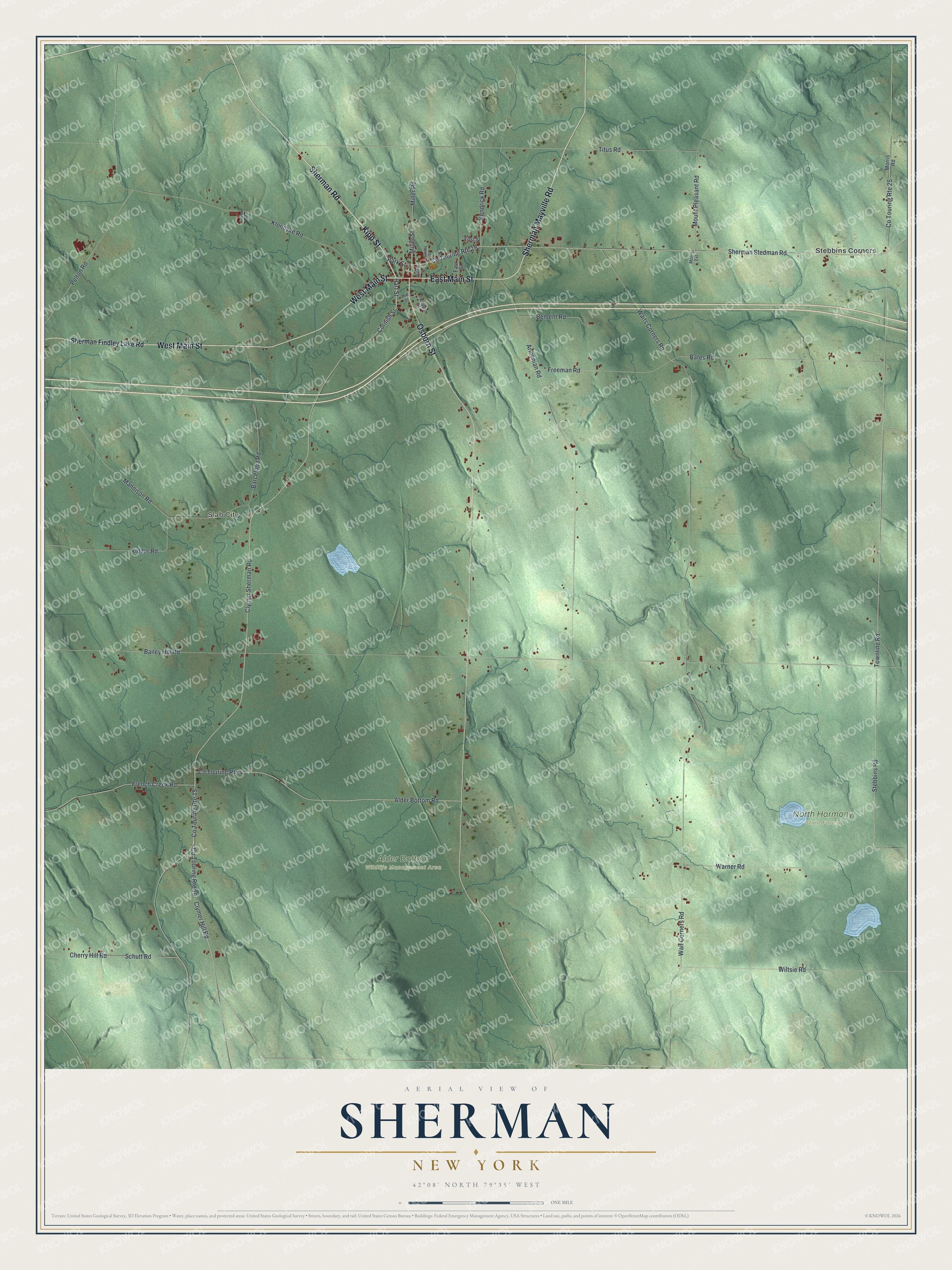 Detailed map of Sherman, New York, showing streets, buildings, neighborhoods, and parks