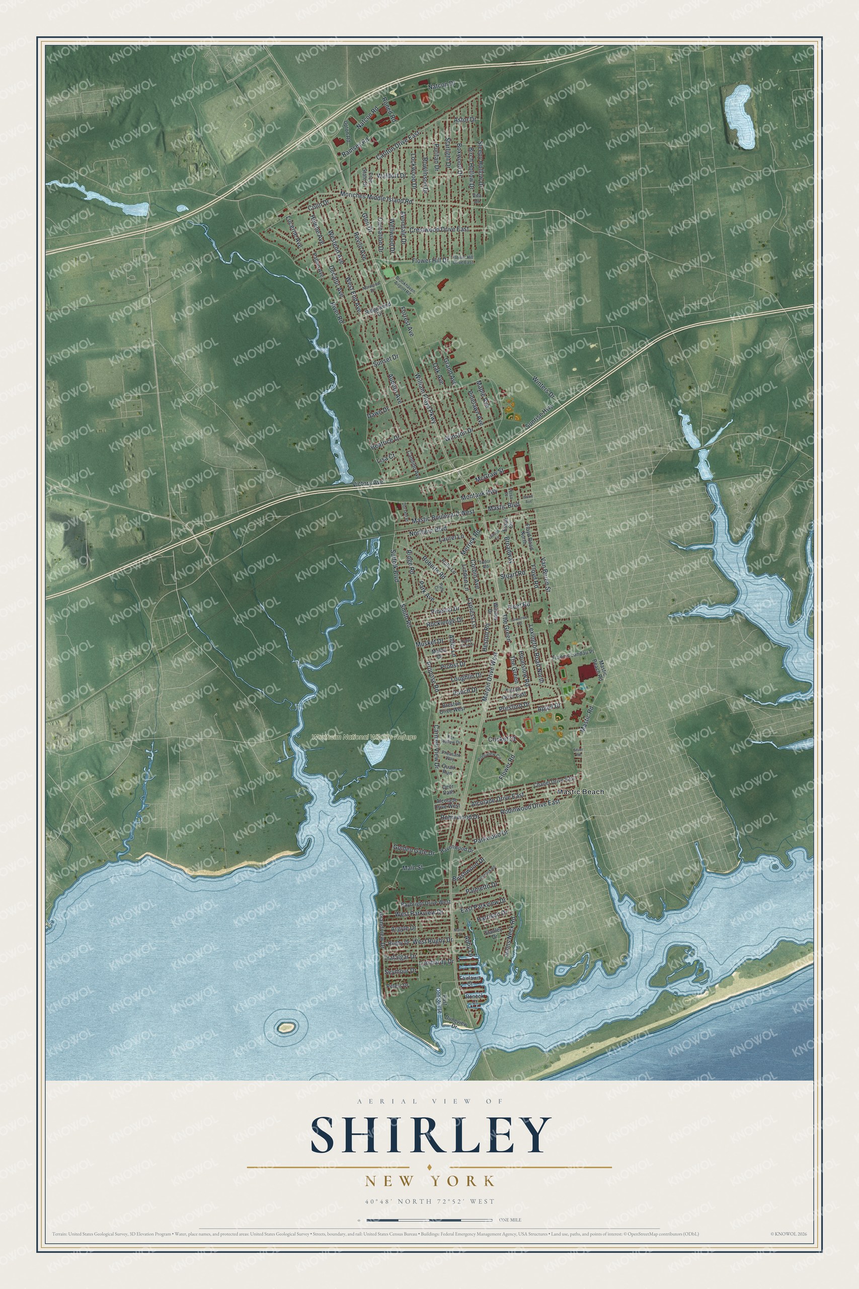 Detailed map of Shirley, New York, showing streets, buildings, beaches, and parks