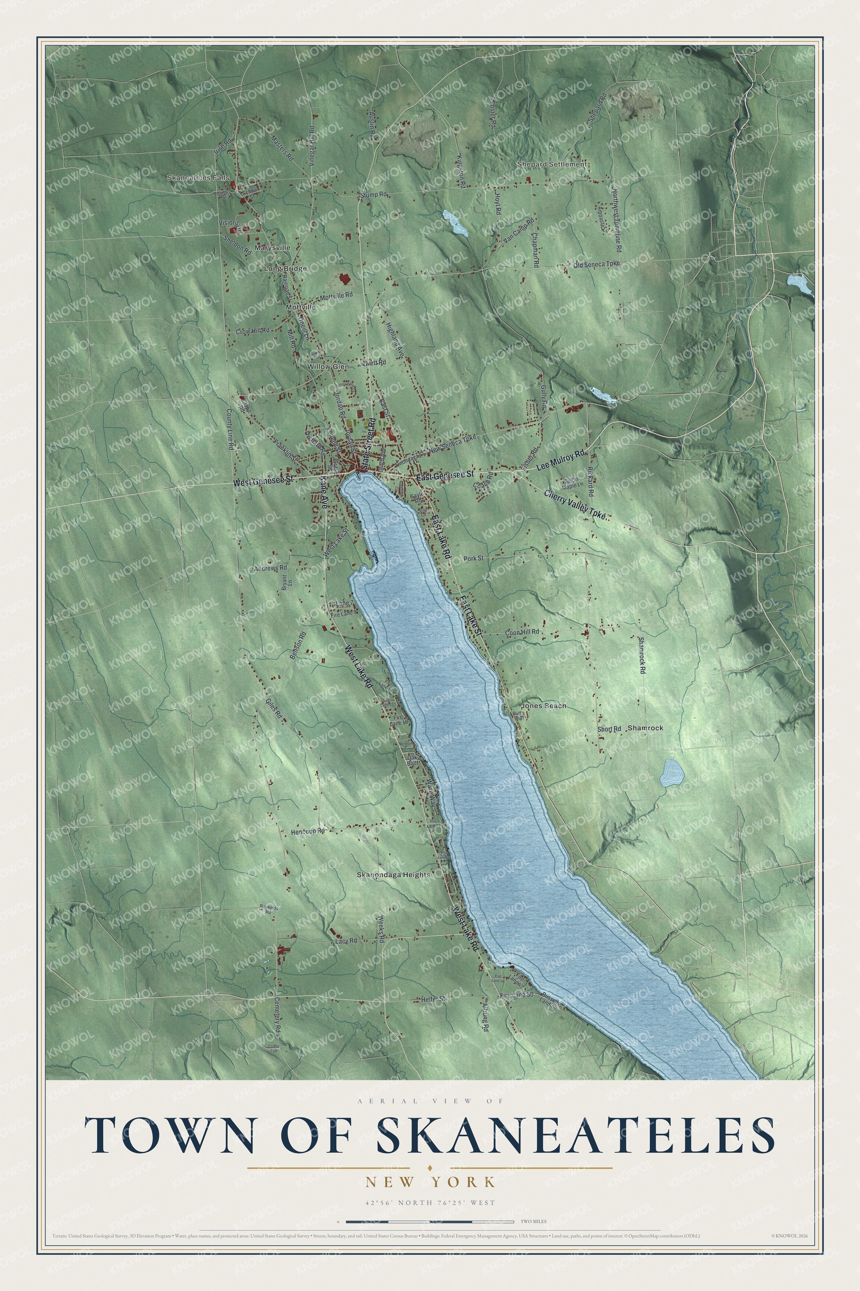 Detailed map of the Town of Skaneateles, New York, showing streets, buildings, and neighborhoods