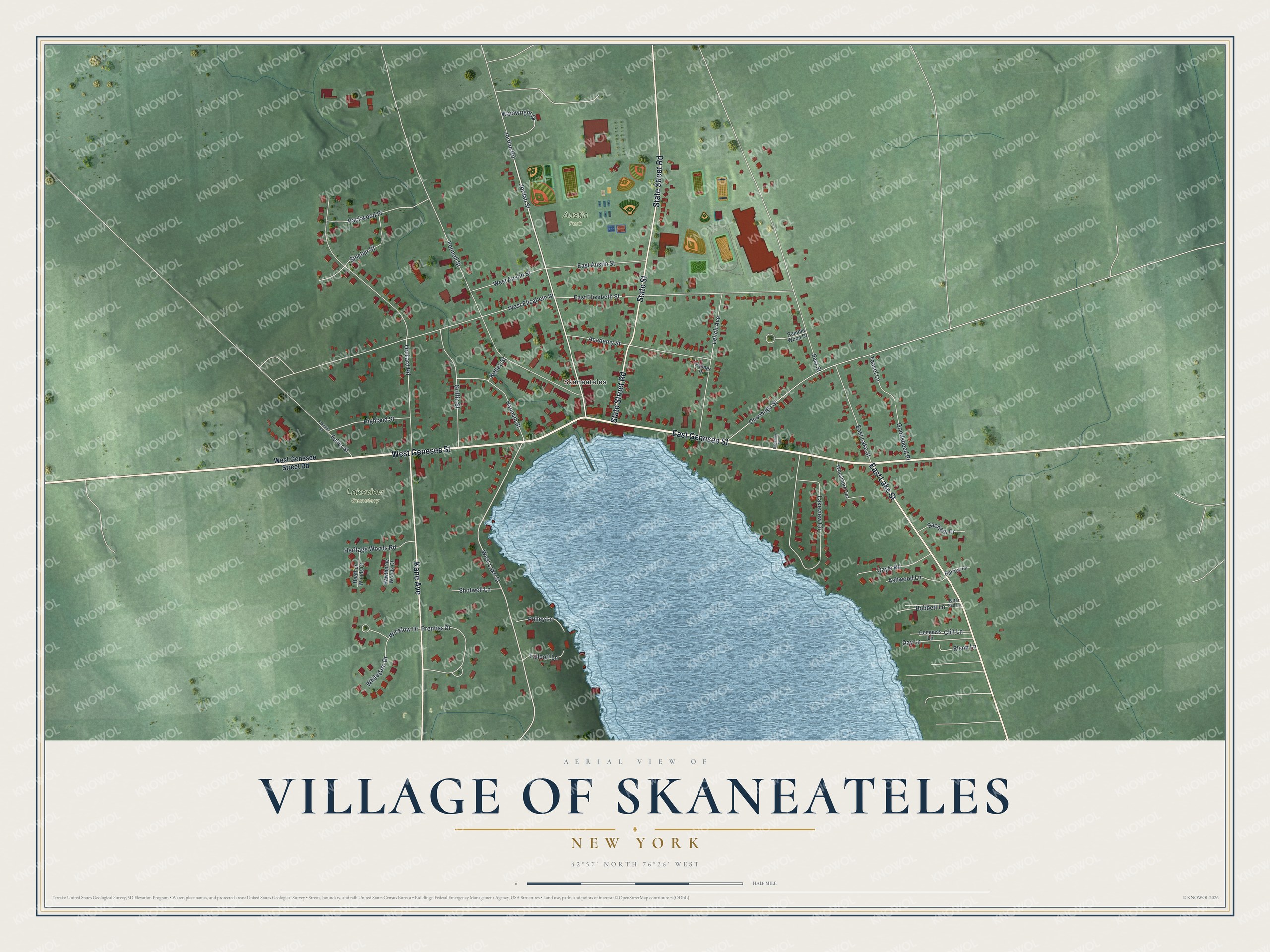 Detailed map of the Village of Skaneateles, New York, showing streets, buildings, and parks