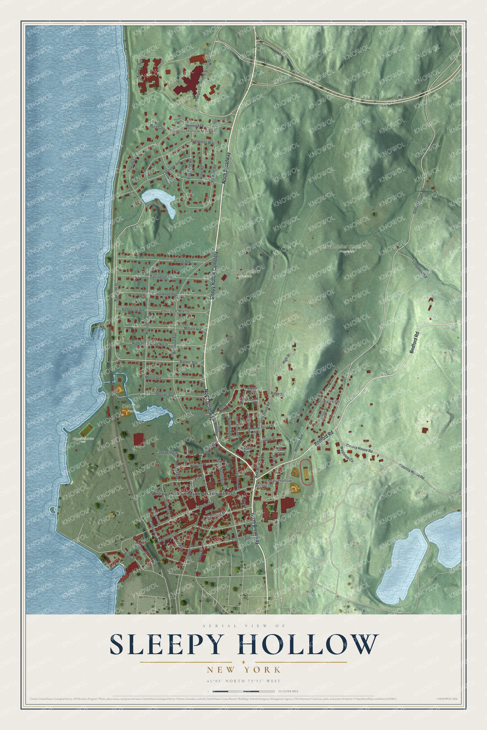 Detailed map of Sleepy Hollow, New York, showing streets, buildings, and parks