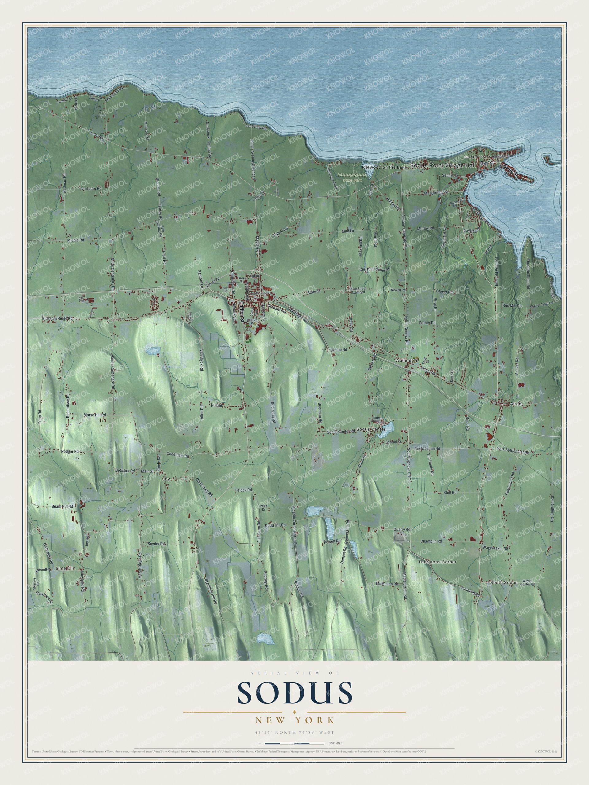 Detailed map of Sodus, New York, showing streets, buildings, neighborhoods, and parks