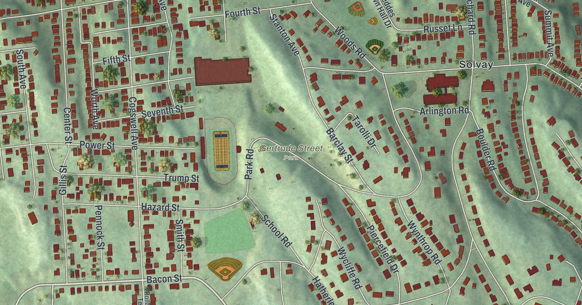 Close-up of streets and buildings in Solvay, New York