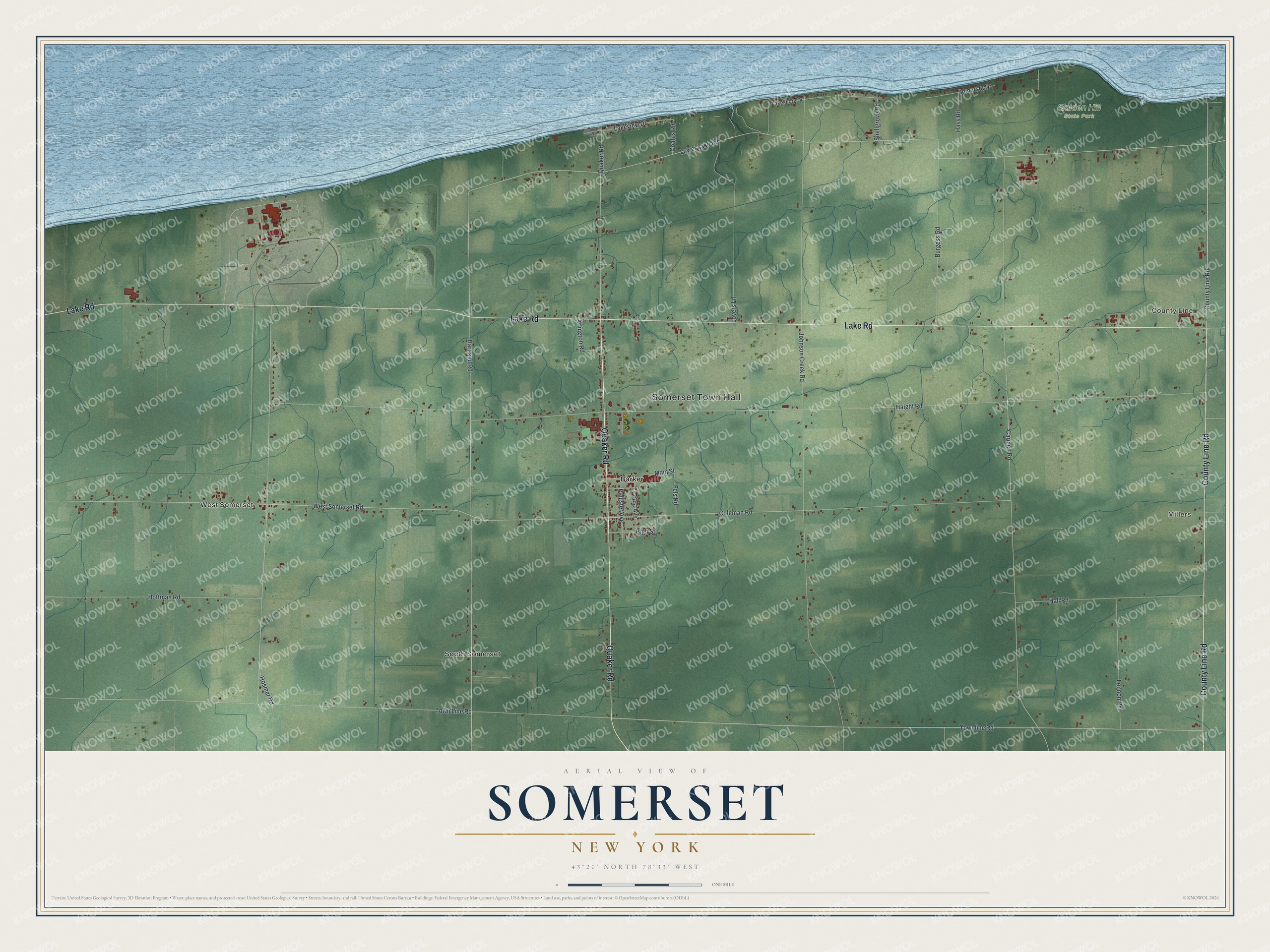 Detailed map of Somerset, New York, showing streets, buildings, neighborhoods, and parks