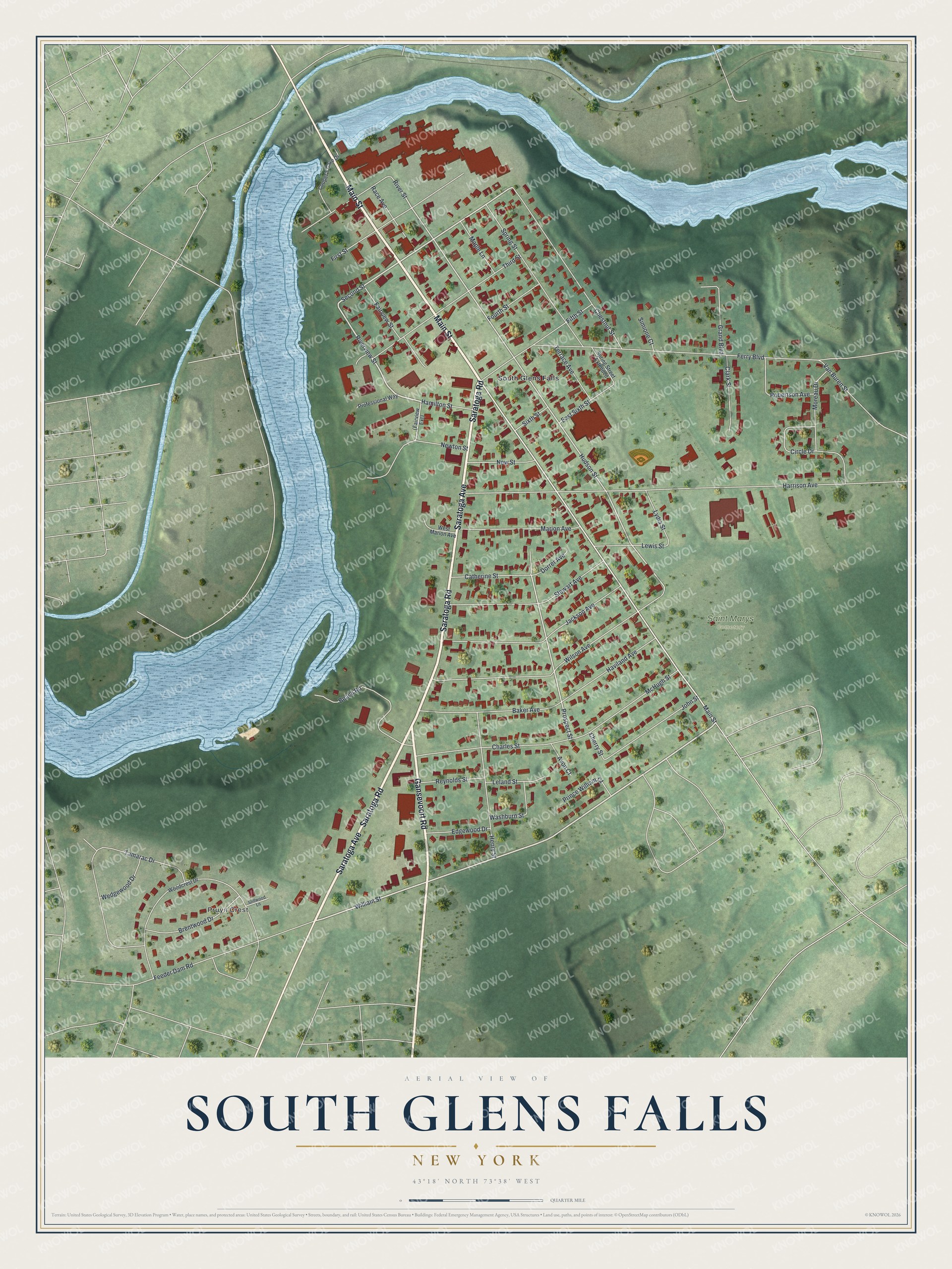 Detailed map of South Glens Falls, New York, showing streets, buildings, and parks