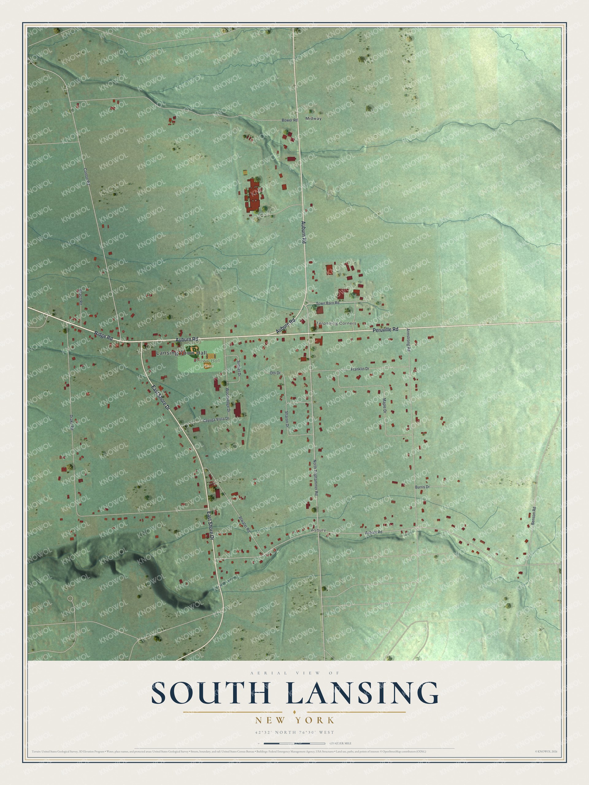 Detailed map of South Lansing, New York, showing streets, buildings, and neighborhoods
