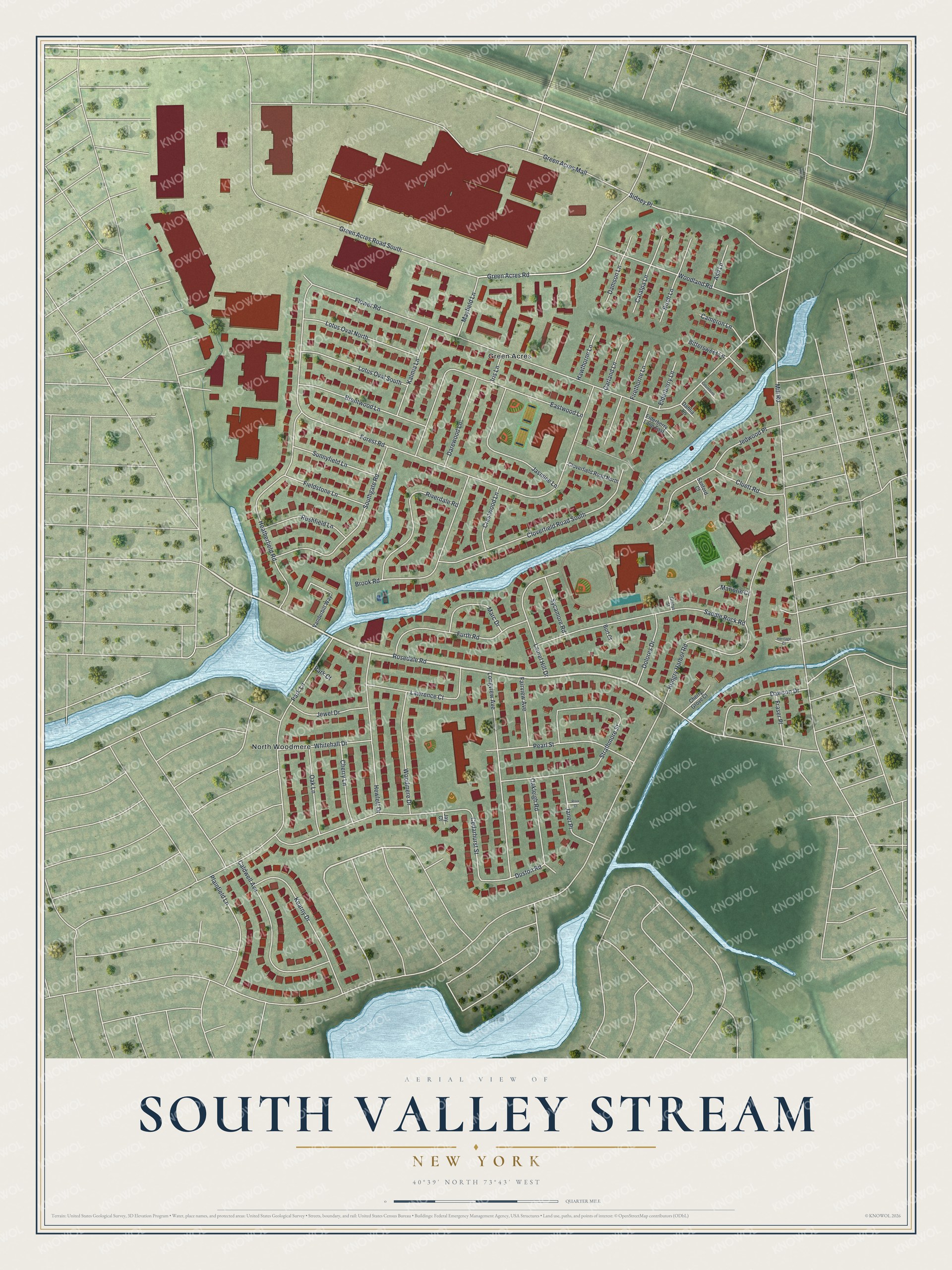 Detailed map of South Valley Stream, New York, showing streets, buildings, and neighborhoods