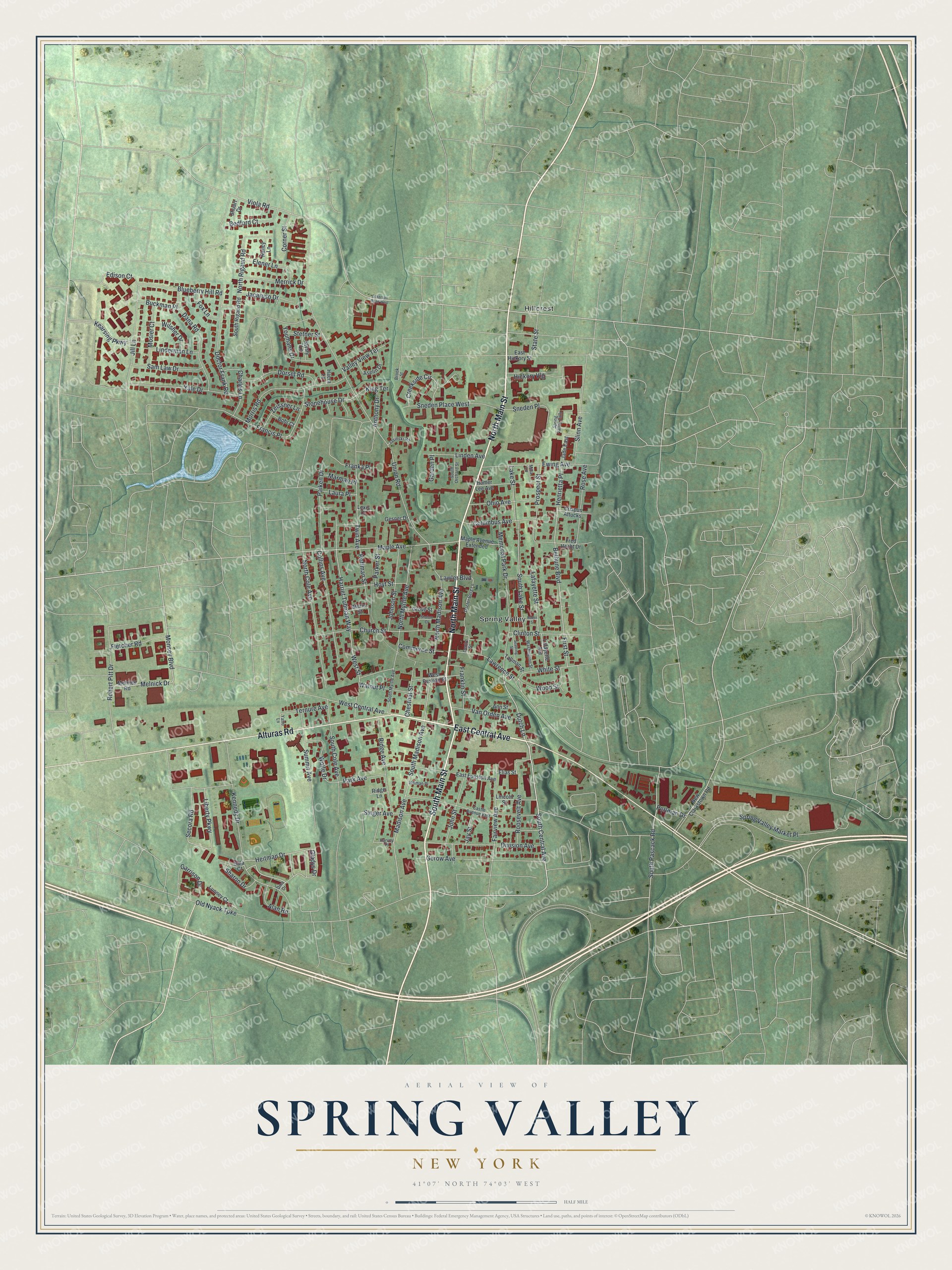 Detailed map of Spring Valley, New York, showing streets and buildings