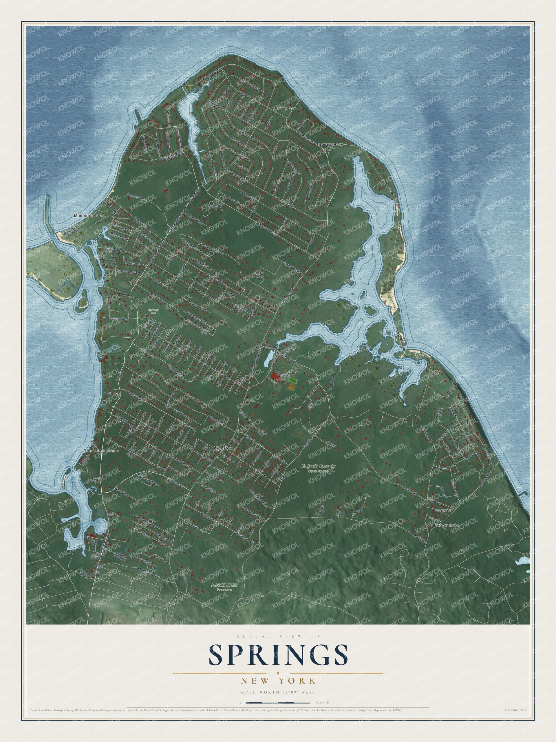Detailed map of Springs, New York, showing streets, buildings, neighborhoods, beaches, and parks