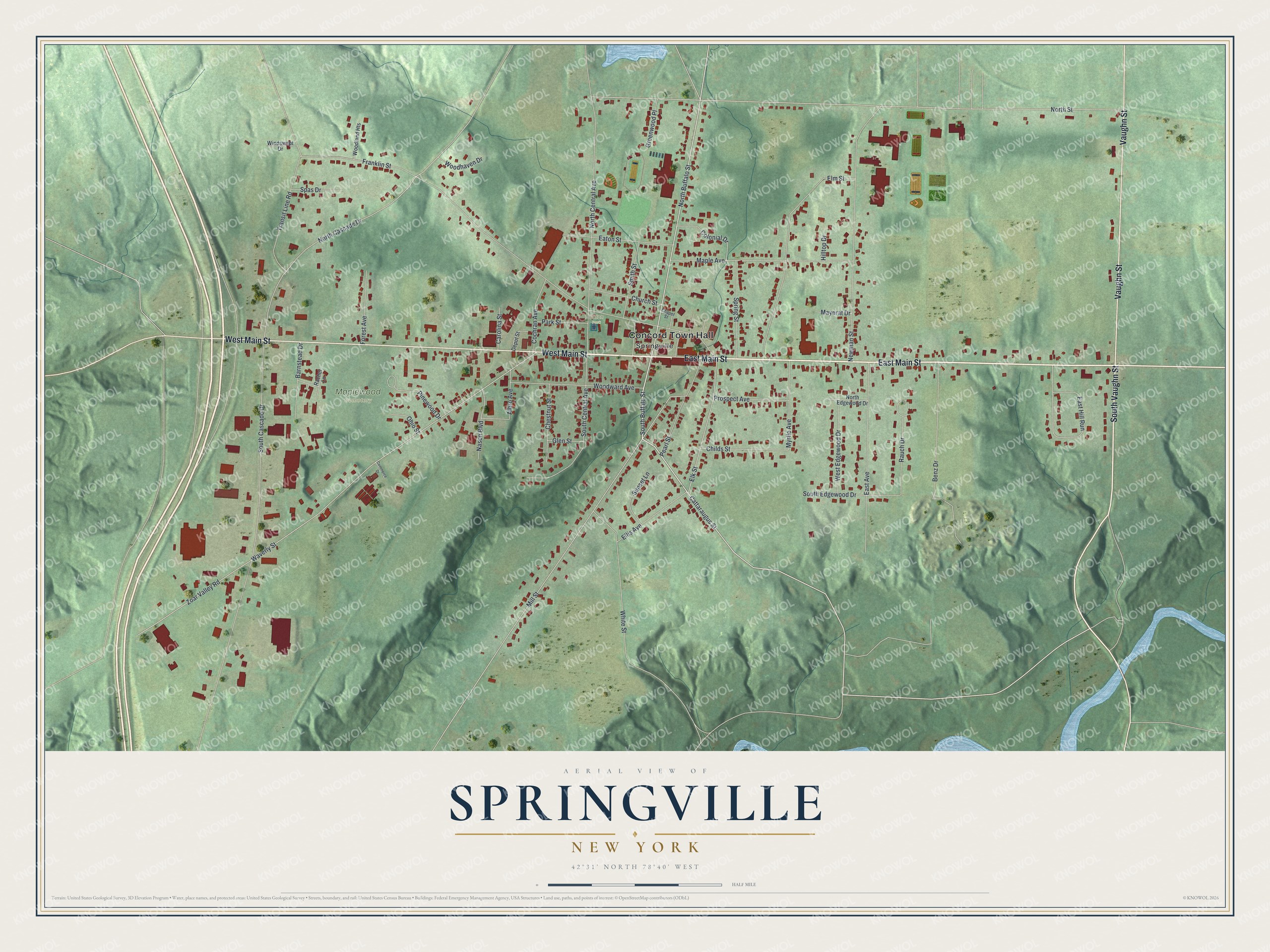 Detailed map of Springville, New York, showing streets, buildings, and parks