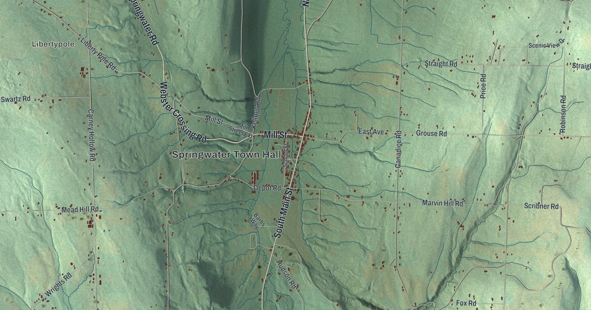 Close-up of streets and buildings in Springwater, New York