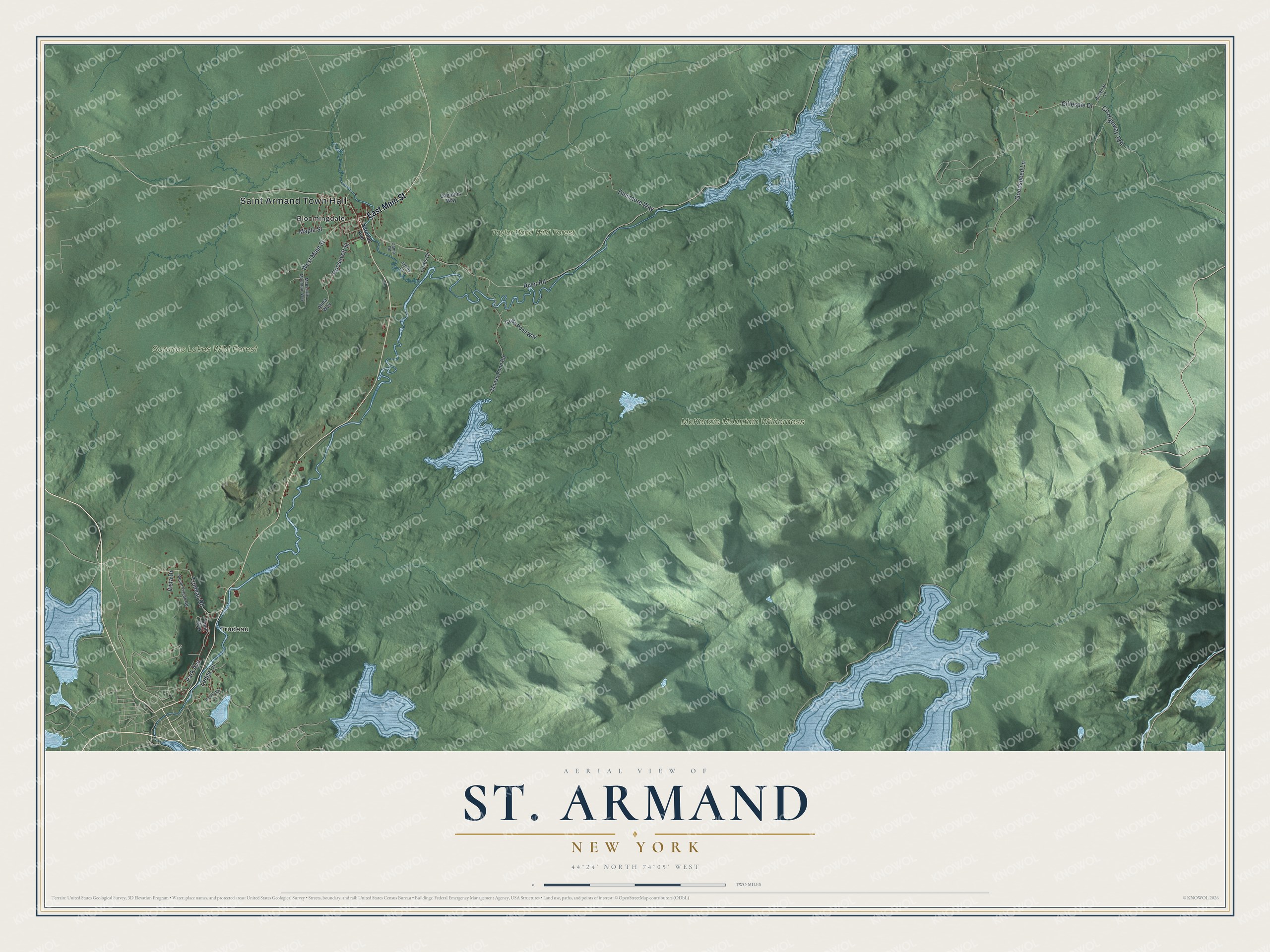Detailed map of St. Armand, New York, showing streets, buildings, neighborhoods, and parks
