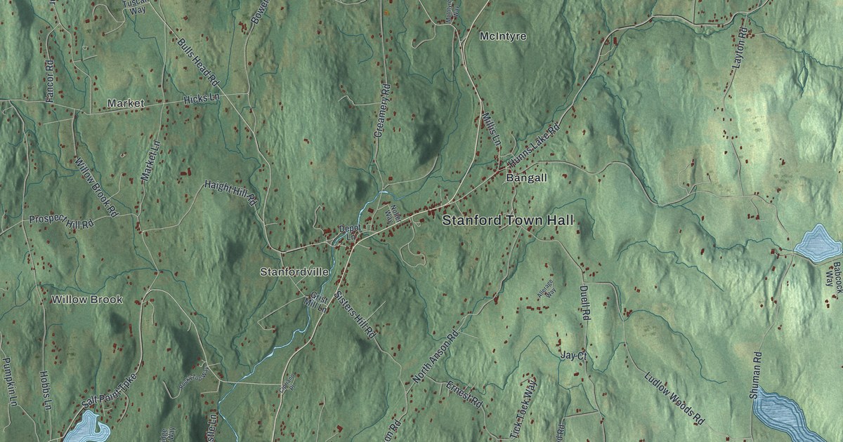 Close-up of streets and buildings in Stanford, New York