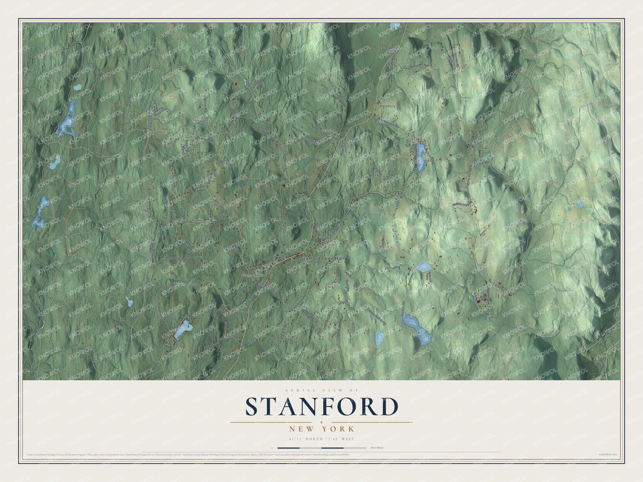 Detailed map of Stanford, New York, showing streets, buildings, and neighborhoods