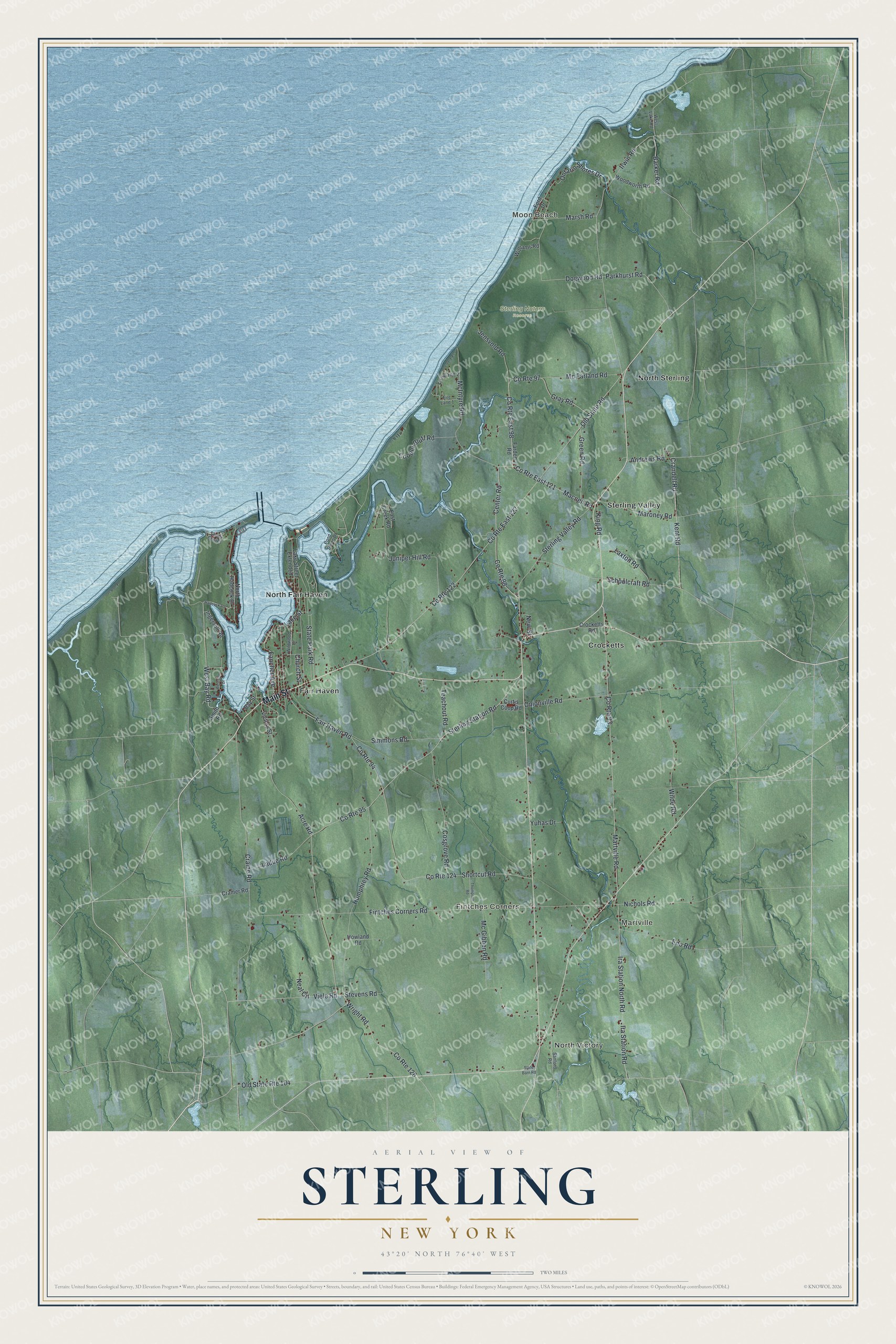 Detailed map of Sterling, New York, showing streets, buildings, neighborhoods, and parks