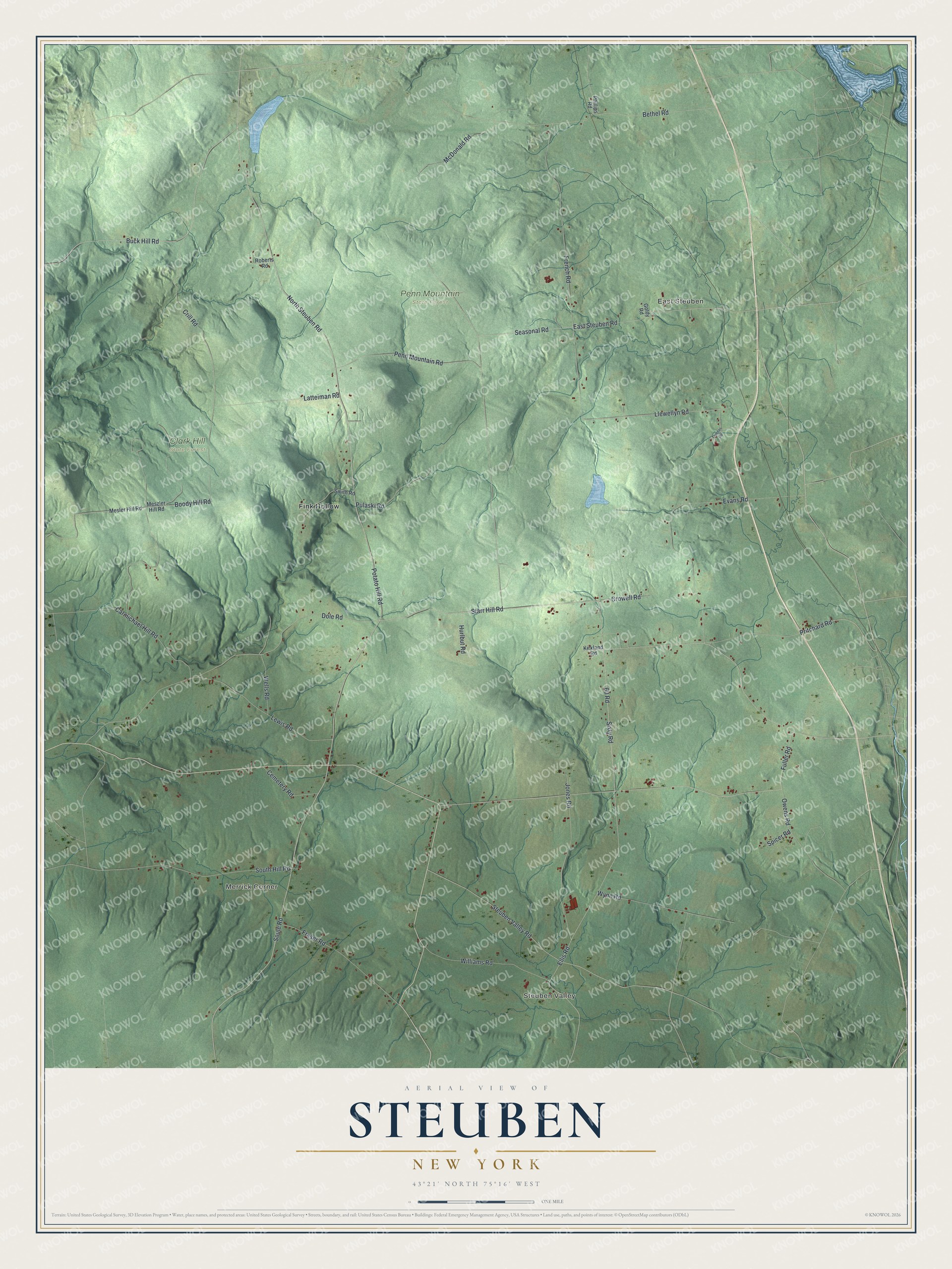 Detailed map of Steuben, New York, showing streets, buildings, neighborhoods, and parks