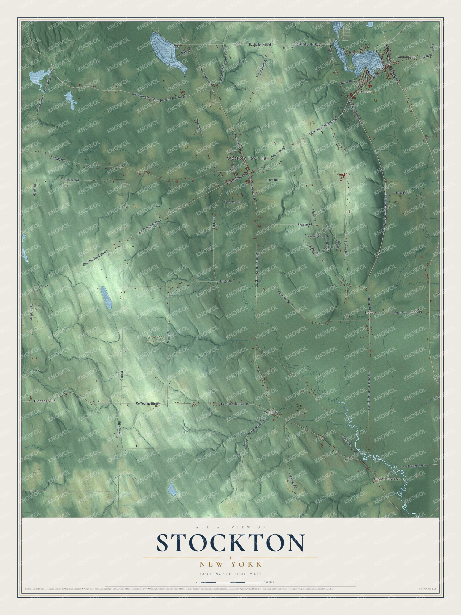 Detailed map of Stockton, New York, showing streets, buildings, and neighborhoods