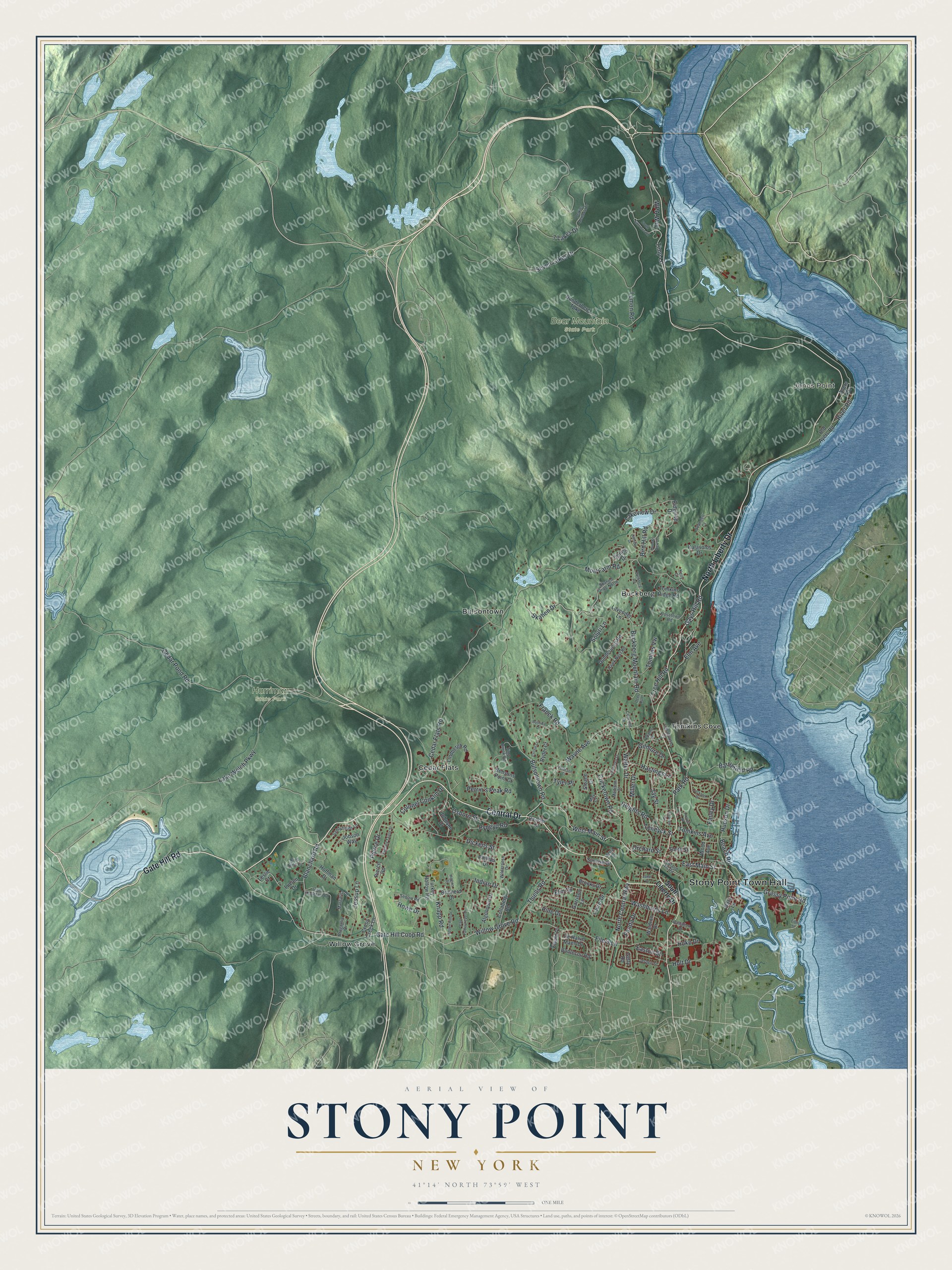 Detailed map of Stony Point, New York, showing streets, buildings, neighborhoods, and parks